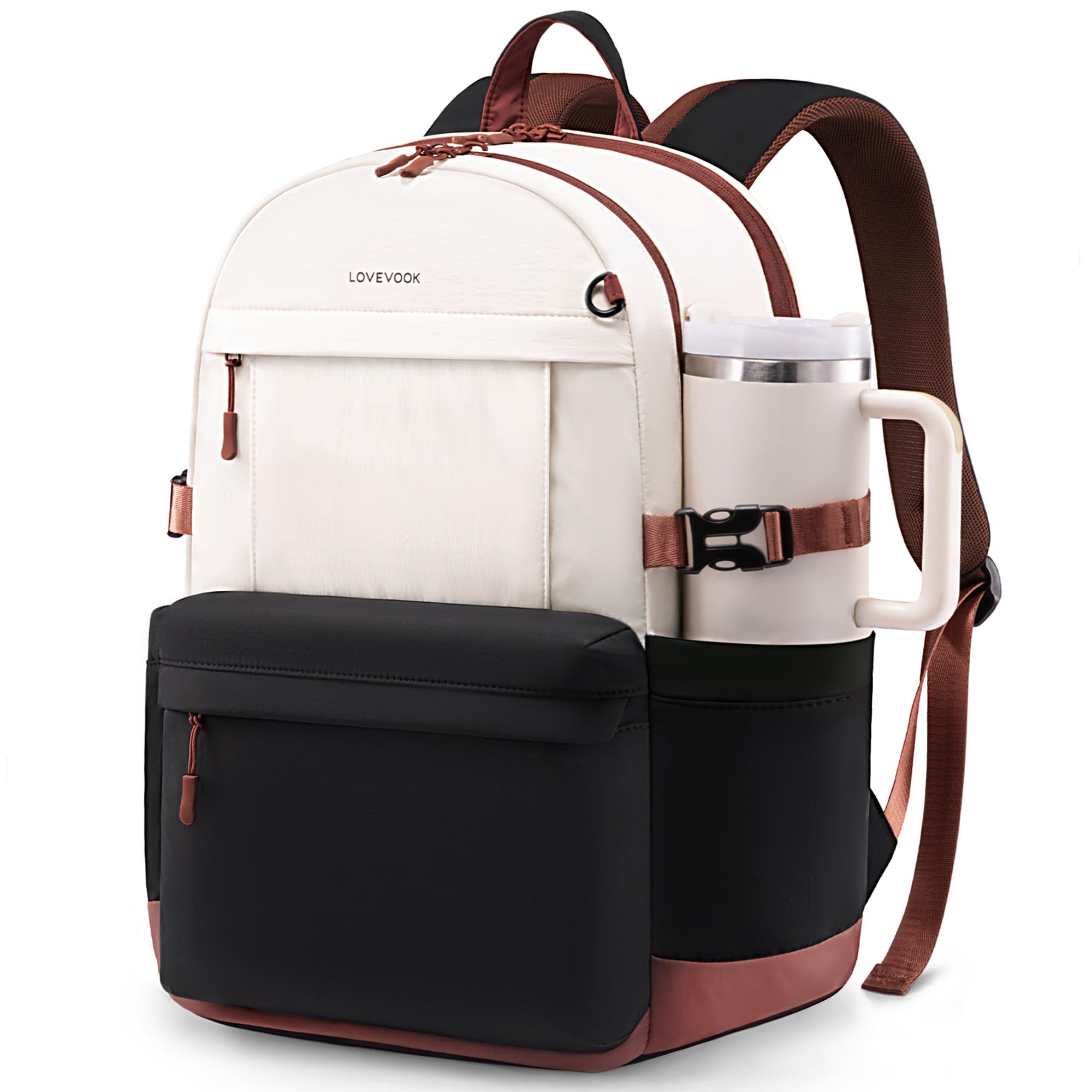 LOVEVOOK Laptop Backpack for Women with Giant Tumbler Holder,15.6 Inch Laptop Computer Bag Travel Backpack Purse,Waterproof Work Business Backpack College Bookbag Teacher Bags,Beige-Black-Brown