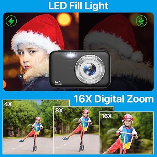 Miniatura 3 de Cámara digital 1080P para niños con zoom de 16X, cámaras digitales antivibración de 44 MP para fotografía  Cámara pequeña compacta para niños,