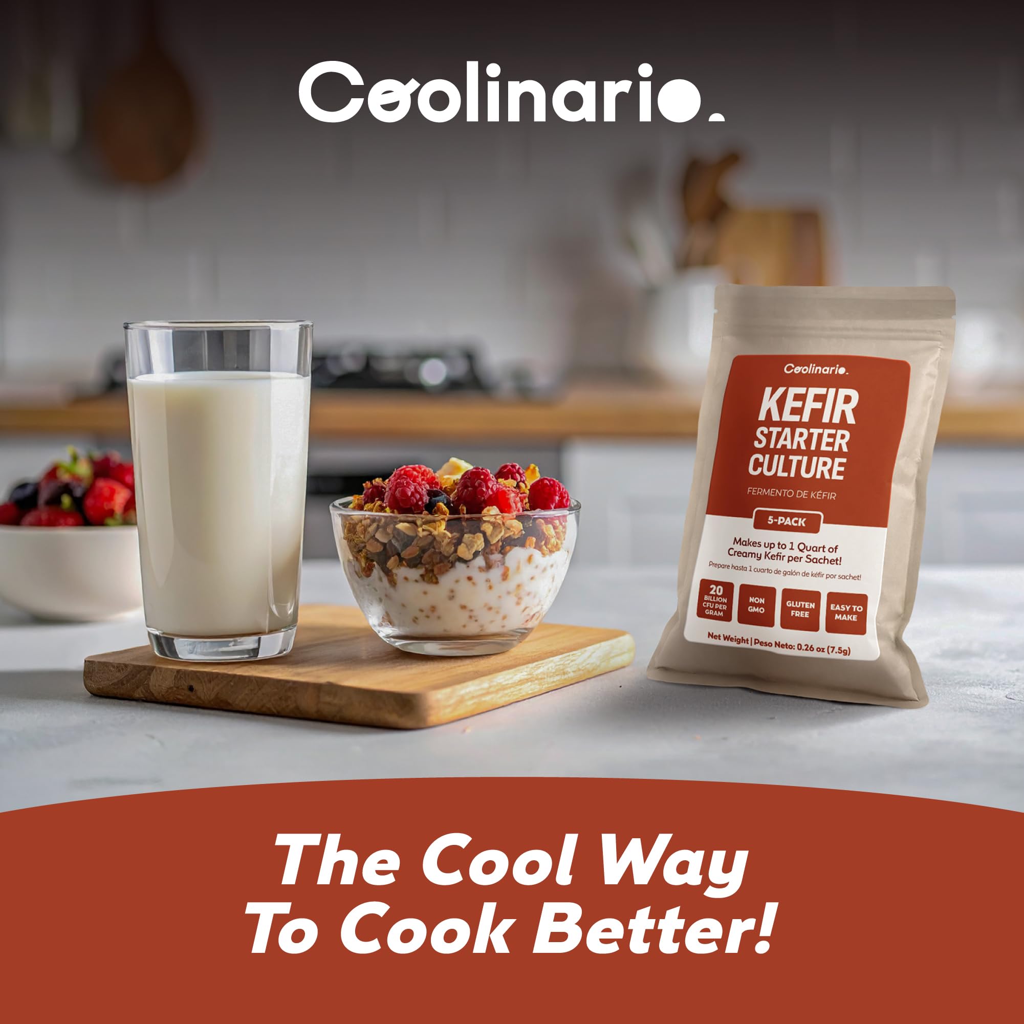 Coolinario Fermentos para Kéfir 5 Sobres 1.5g Cultivos Casero Probióticos Vivos Sin OGM Sin Conservantes Sin Gluten