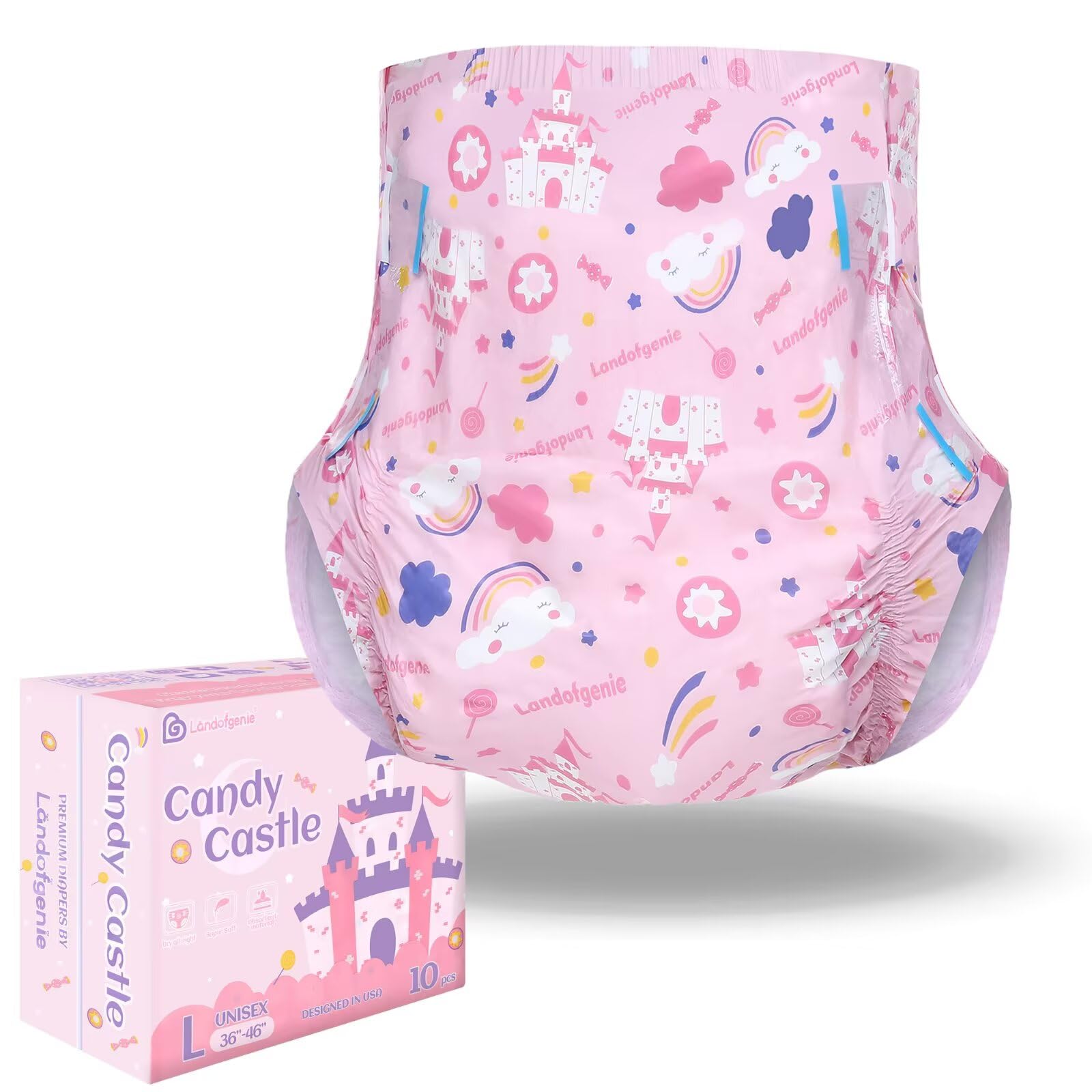 Landofgenie Diaper Adult Printed Diaper Incontinence Underwear Large Overnight Diapers with Tabs 10 Pieces (Large 36"- 46")