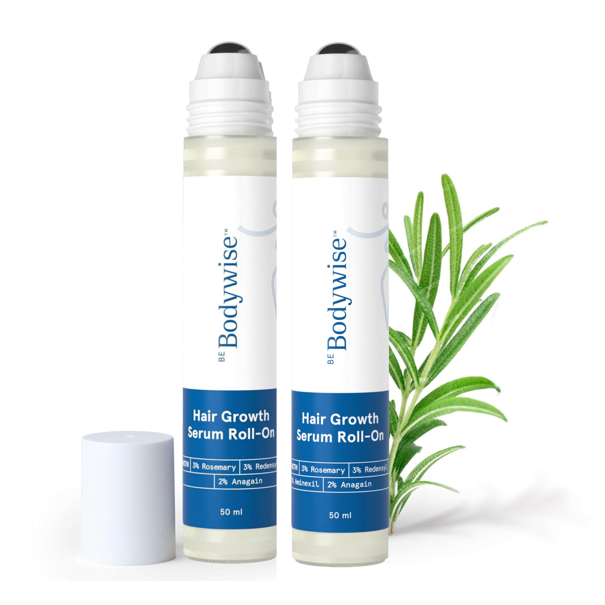Be Bodywise 3% Redensyl & Rosemary Hair Growth Serum (Roll On) | Pack of 2 |with 2% Anagain | Thicker & Stronger Hair | Prevents Hairfall & Stimulates Hair Follicles | For All Hair Types | 50ml each