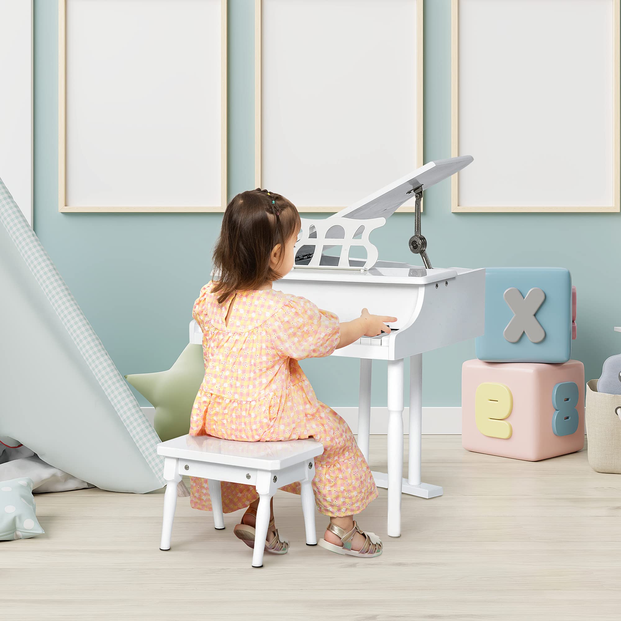 HOMCOM Piano de Cola Infantil con 30 Teclas para Niños 52x50x49 cm Blanco | de MDF, Taburete, Atril de Partituras, Instrumento Musical Didáctico