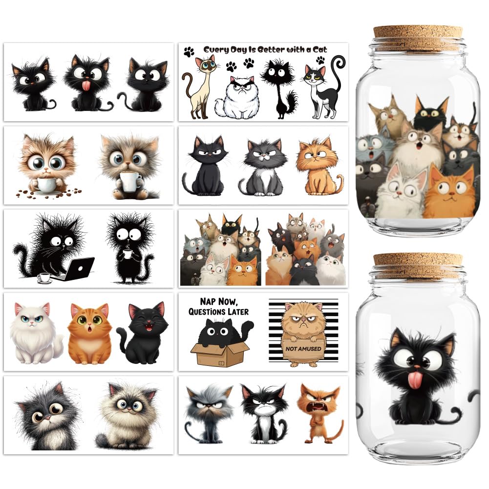 Peacoblue Funny Black Cat UV DTF Cup Wraps, 10 Sheets Transfer Sticker