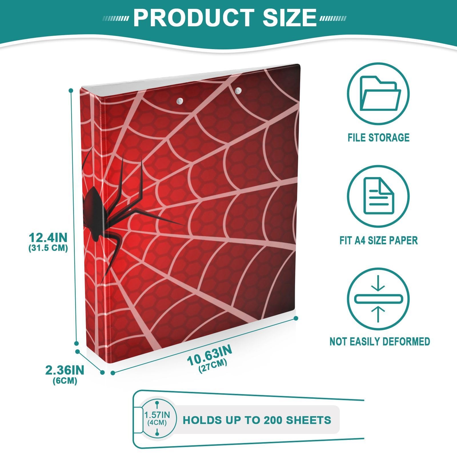 Raccoglitore decorativo a 3 anelli con ragno di Halloween, 3,8 cm, con tasche, contiene 200 fogli, organizer per ufficio, università, scuola, confezione da 1