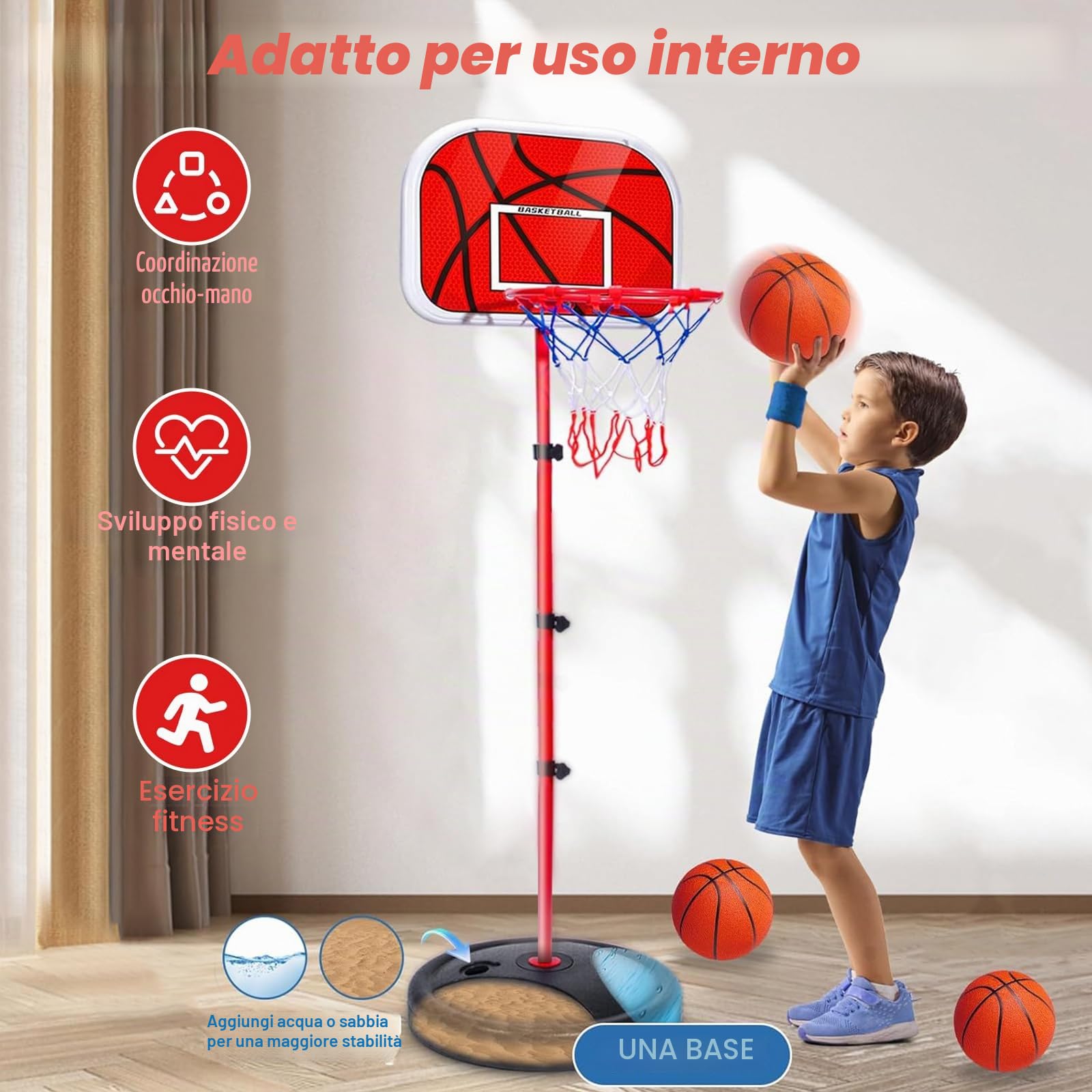 Canestro Basket Bambini, Canestro Basket Esterno con 3 Palloni, 1 Pompa, Regolabile Altezza 50-150cm, per 3 agli 8 Anni Bambini, Indoor e Outdoor