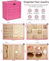 Vista 48 de Homde Regalos de Navidad de cuero sintético, enorme joyero, organizador de reloj con espejo, collar, anillo y aretes, estuche de regalo con Dorado