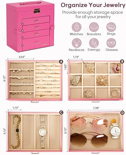 Miniatura 48 de Homde Regalos de Navidad de cuero sintético, enorme joyero, organizador de reloj con espejo, collar, anillo y aretes, estuche de regalo con Dorado