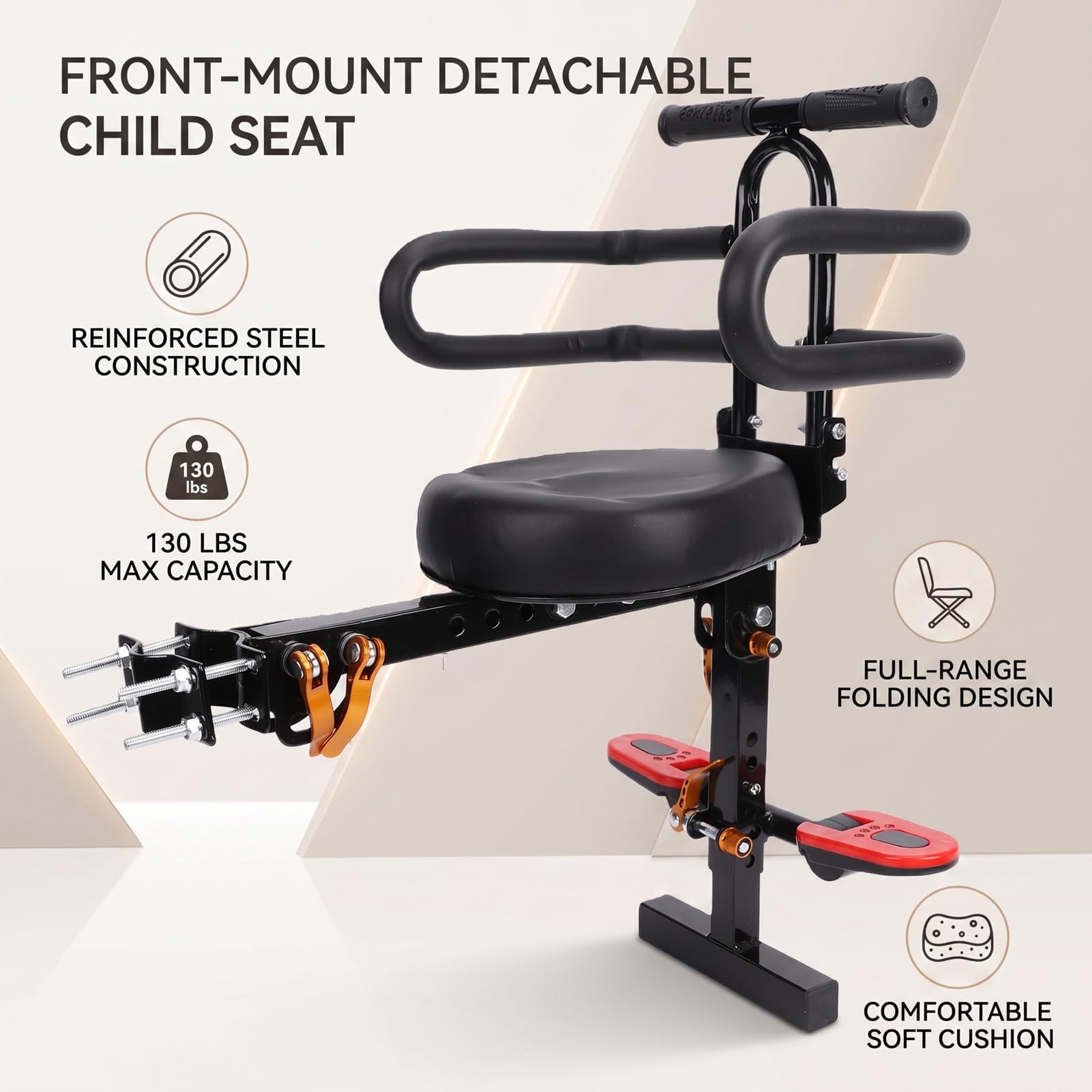 Seggiolino Anteriore per Bambini, Sedile Bicicletta per Bambini for | Con Cuscino in Spugna da 5 Cm e Barra Antiurto per Bici Pieghevoli, City Bike e Scooter