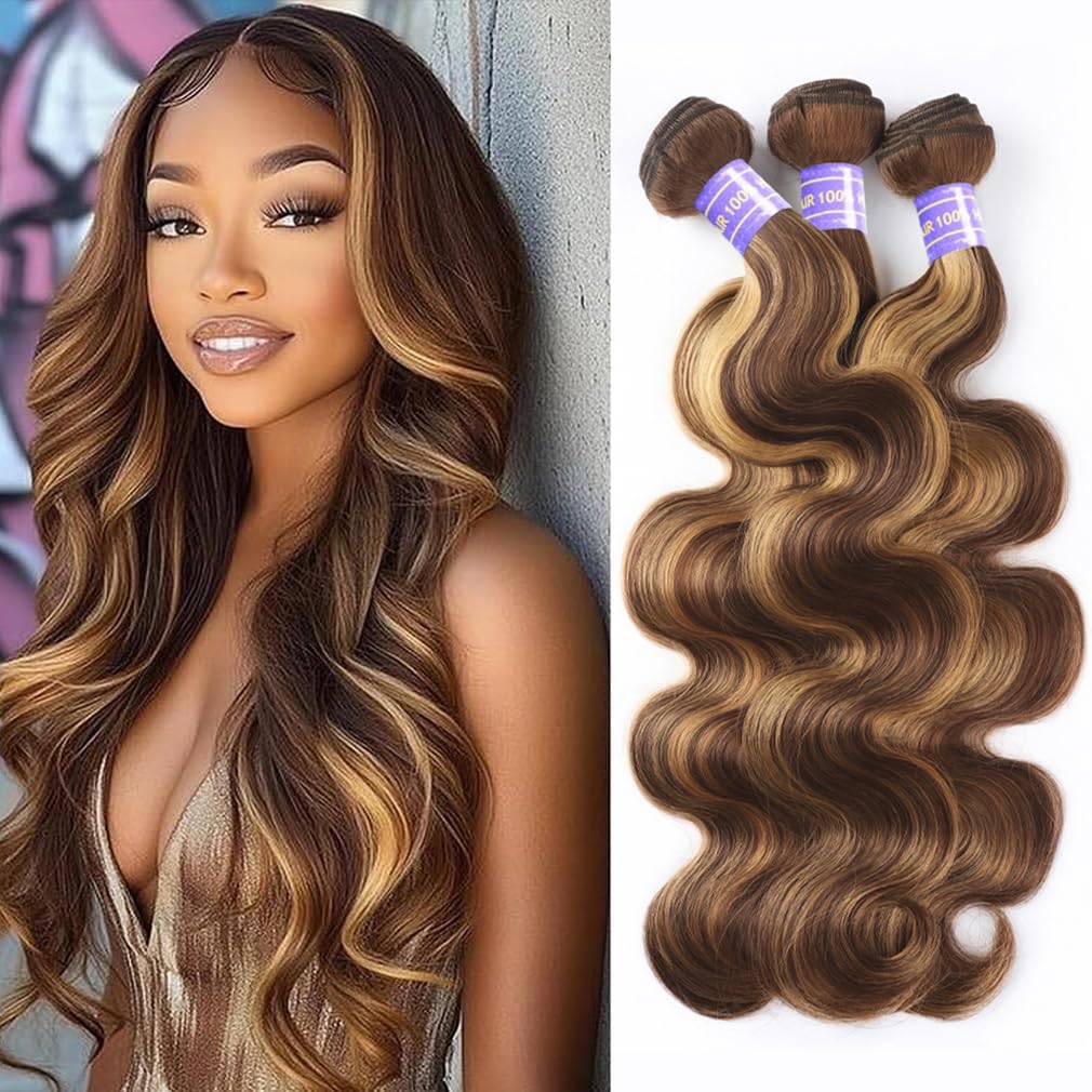 Perstar Honey Blonde Ombre Body Wave Human Hair Bundles 100% Brazilian Virgin Remy Hair P4/27 Highlight Bundles Deal 24 26 28 Inches for Black