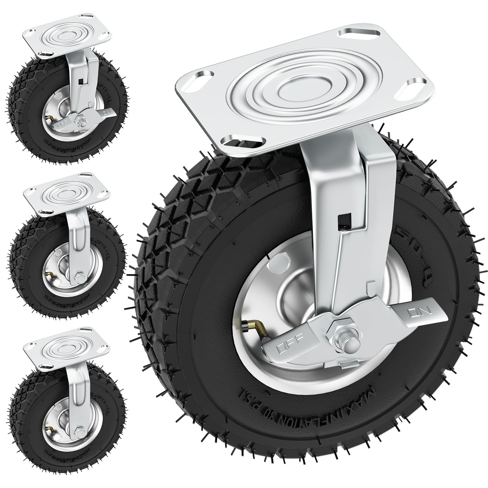 4 Stück 200mm Schwerlastrollen, Gesamt-Tragkraft 400kg, 360° drehbare leise Gummirollen mit Bremse, für Möbel, Transportwagen, Werkbank & Industriegeräte (2 Lenkrollen + 2 Bremsrollen)