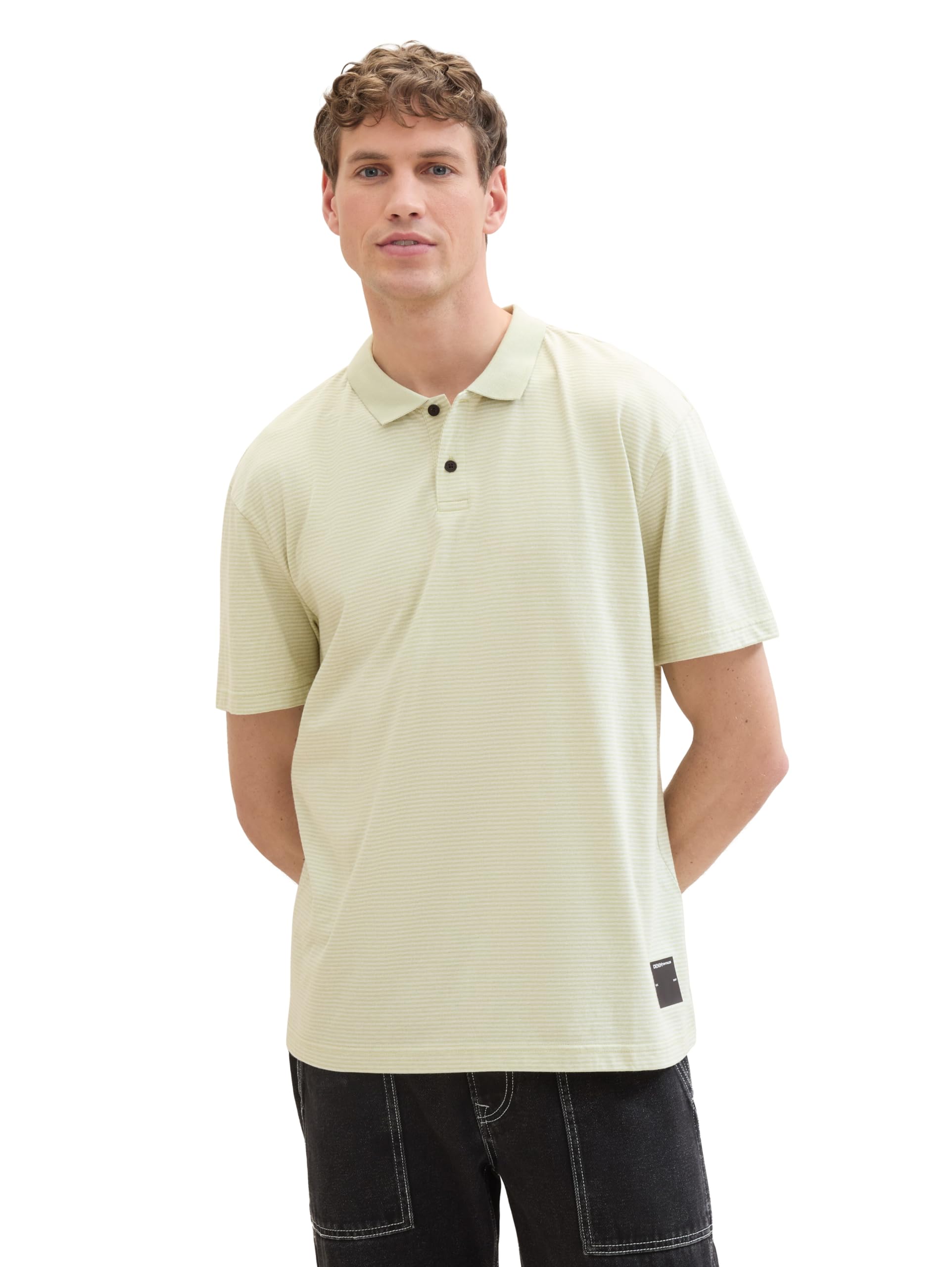 TOM TAILOR Denim Herren Basic Piqué Poloshirt, 34988 - Green Melange Mini Stripe, XS