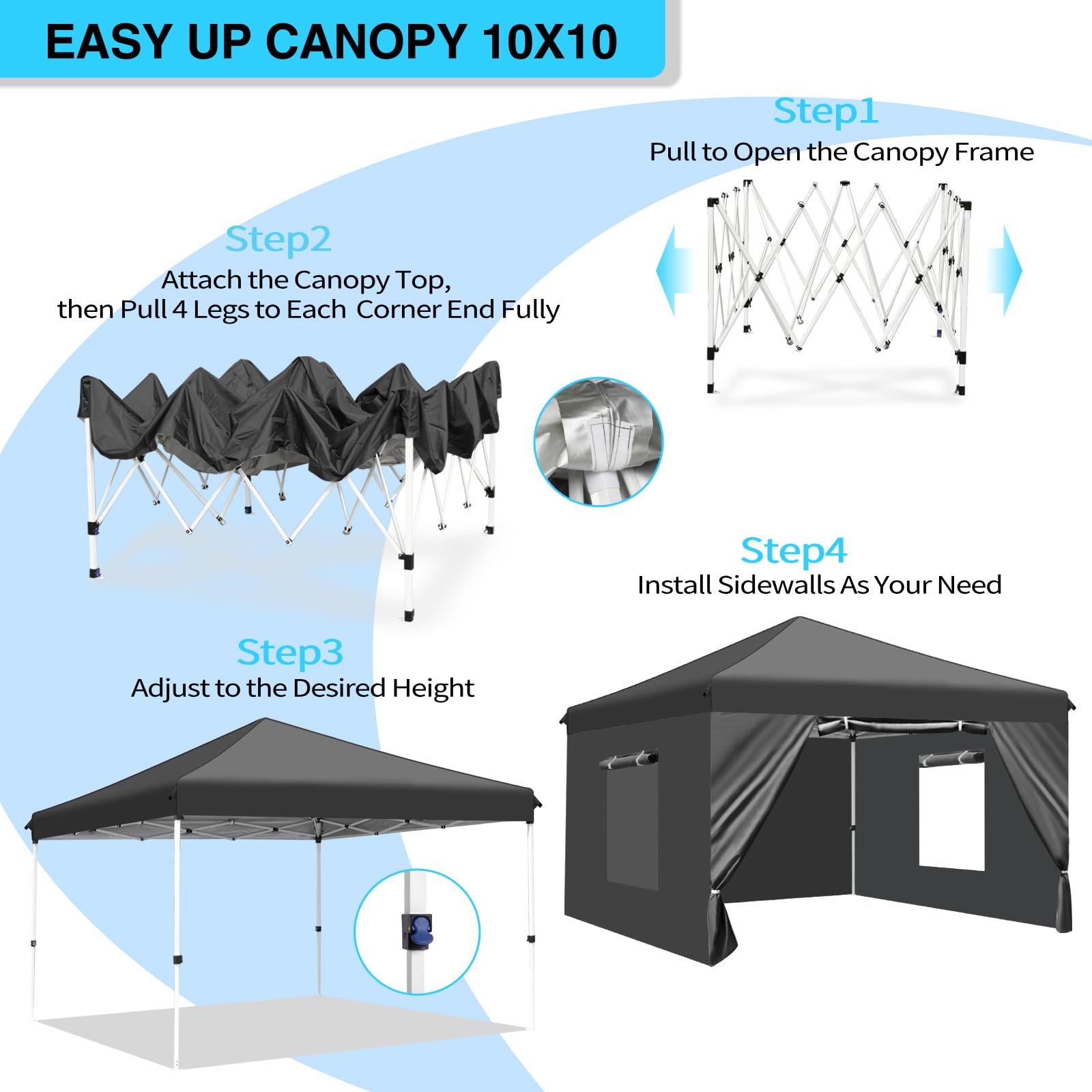 RHOLUTA 10x10 Pop Up Canopy Tent with 4 Removable Sidewalls, Mesh Windows, Durable Ez Up Outdoor Instant Canopy, Adjustable Waterproof Canopy with Carry Bag, 4 Sand Bags, 4 Ropes and 8 Stakes