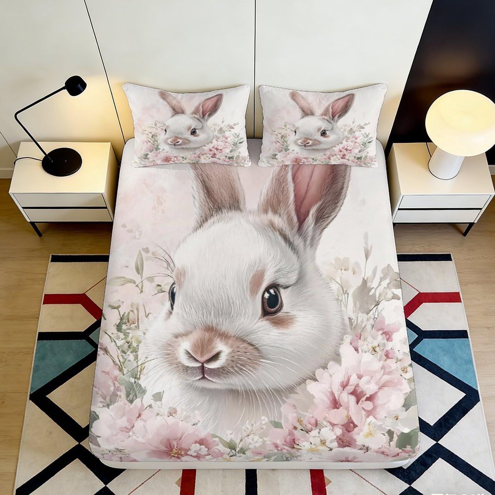 3D Printed Cute Bunny Floral Fitted Sheet Microfiber Deep Pocket Full Wrap Rabbit Mattress Fitted Cover Bedroom Bedding 180x200x25cm