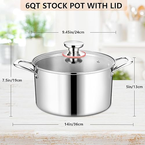 Miniatura 2 de Homikit Olla de cocina de 6 cuartos de galón con tapa, olla de sopa de pasta de acero inoxidable 1810, olla resistente de tres capas para cocinar al