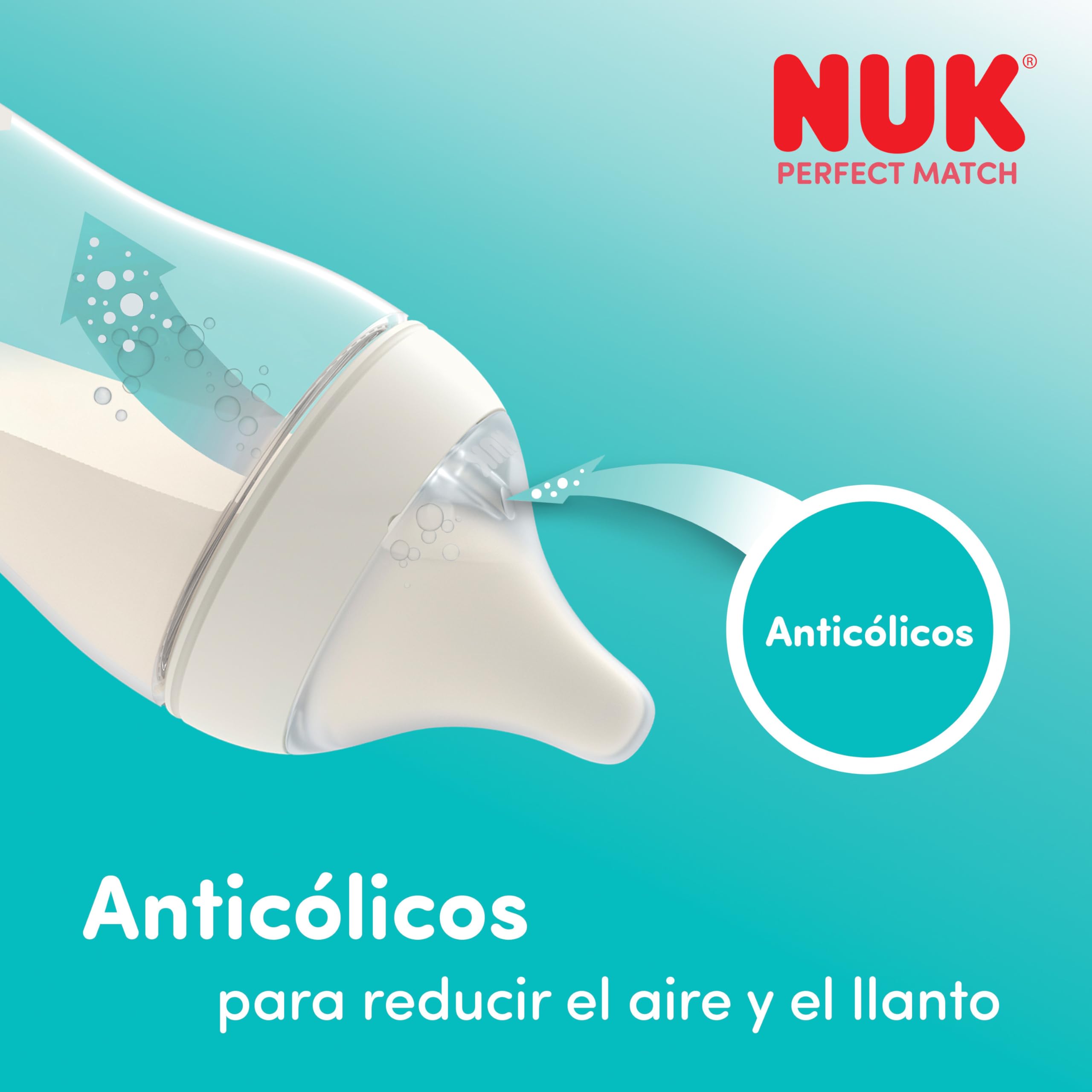 Set de 3 biberones Perfect Match de NUK | +3 meses | Se adapta al bebé como el pecho de mama | Control de temperatura | Ventilación anticólico | 260 ml | Tetina mediana (silicona) | Arcoíris