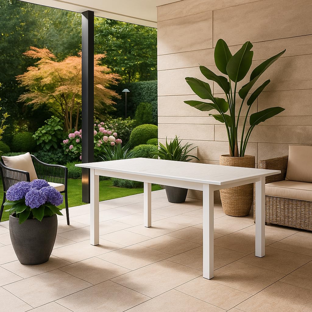 Decor Space Tavolo allungabile Ibiza Bianco in alluminio dogato da esterno per giardino e veranda (Tavolo/220-280 x 100 cm)