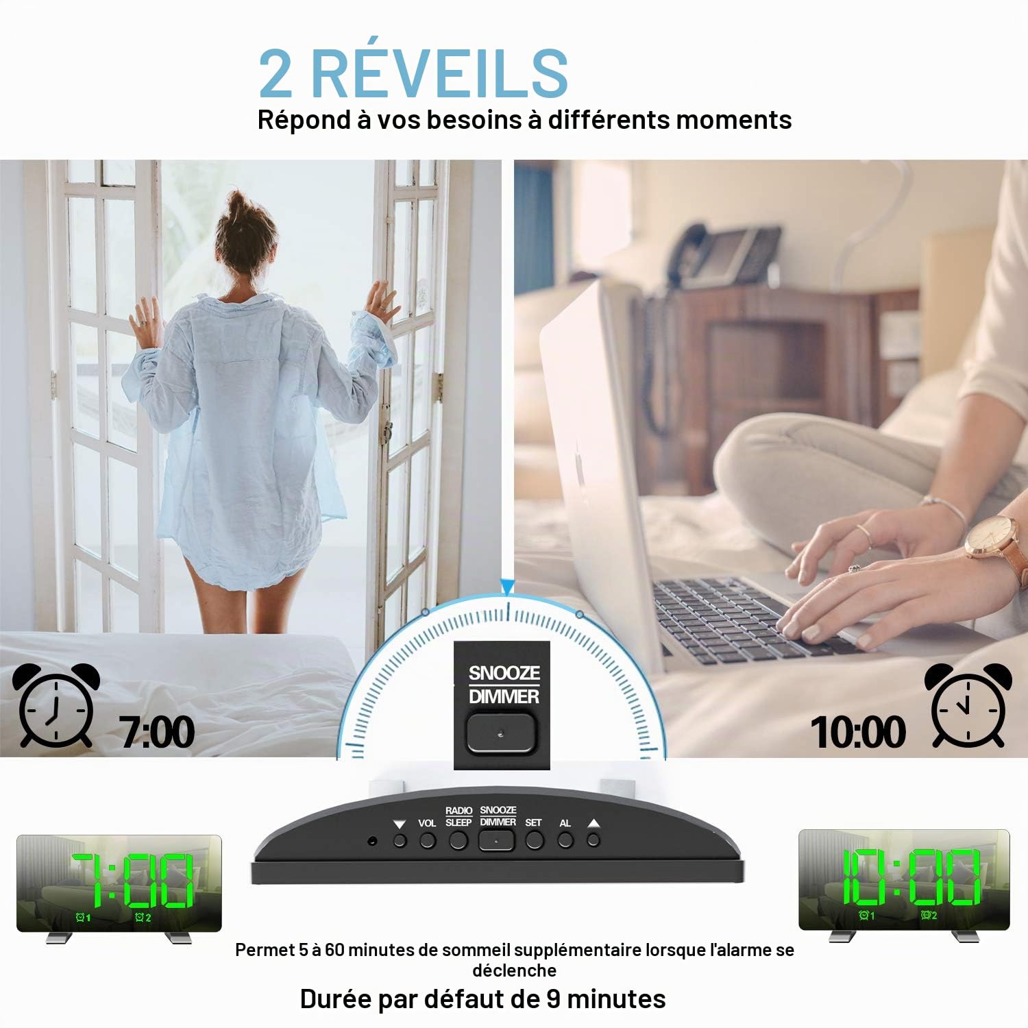 Réveil Radio pour Chevet Horloge Numérique Grand écran Fonction Snooze Double Alarme Volume Réglable Adaptateur Inclus