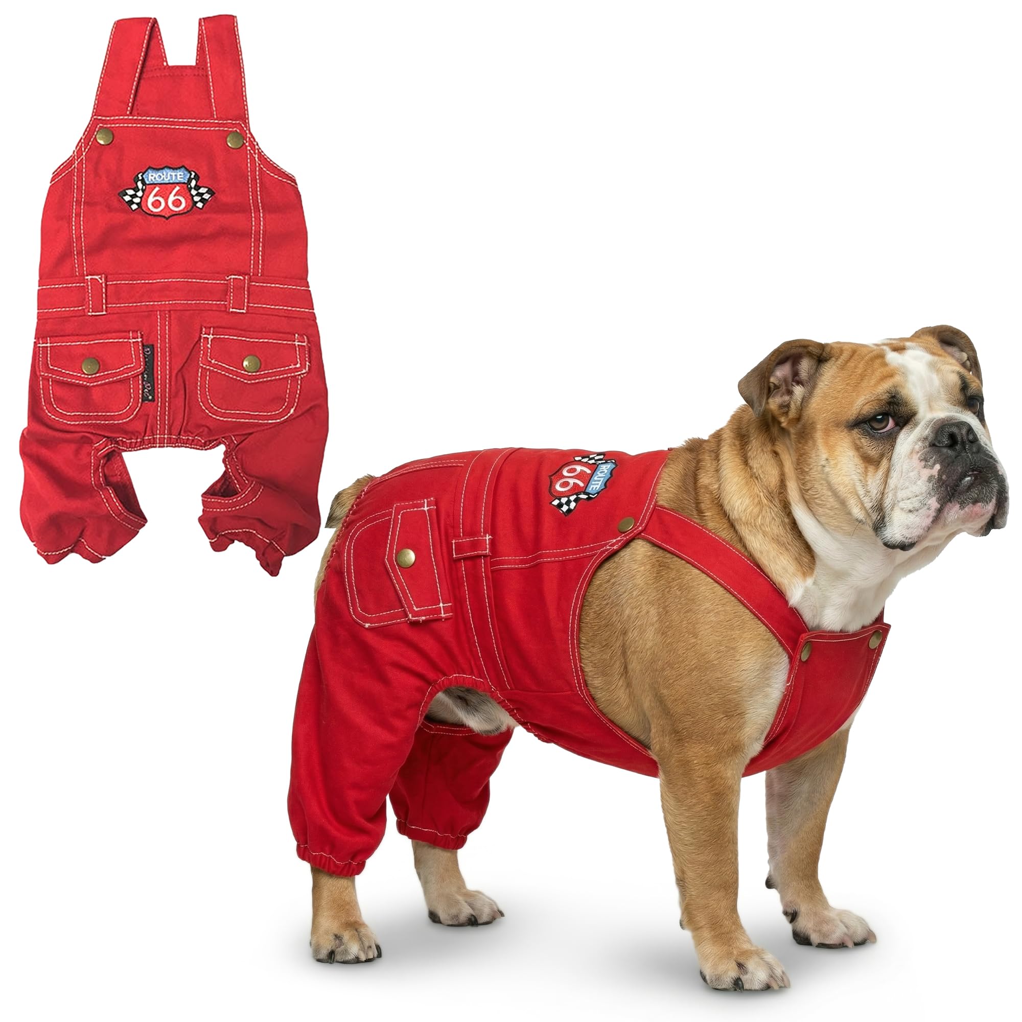 Parisian Pet Denim Overall - Embroidered “ Route 66 “ Red Jumpsuit - Breathable Dogs Costume - Machine Washable Outfit - Dog Overalls for Large Dogs - 3XL