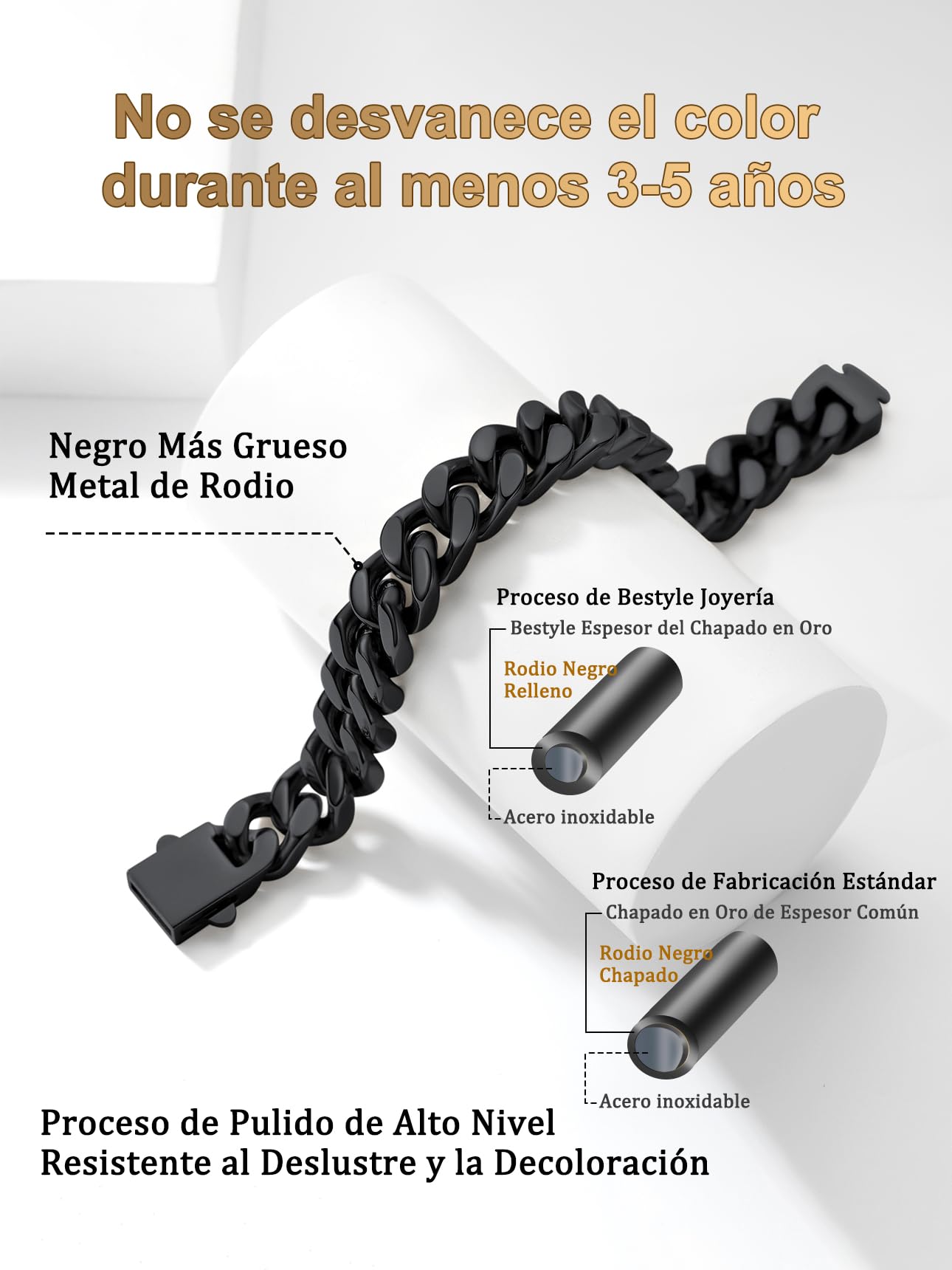 Bestyle Pulseras Cadena Cubano Miami 12mm Ancho Pulsera Cadena Cubana Acero Inoxidable 21cm Largo Pulseras Cubano de Cadena Pulsera Cubano de Miami Negro Pulseras Cadena Cubana Miami