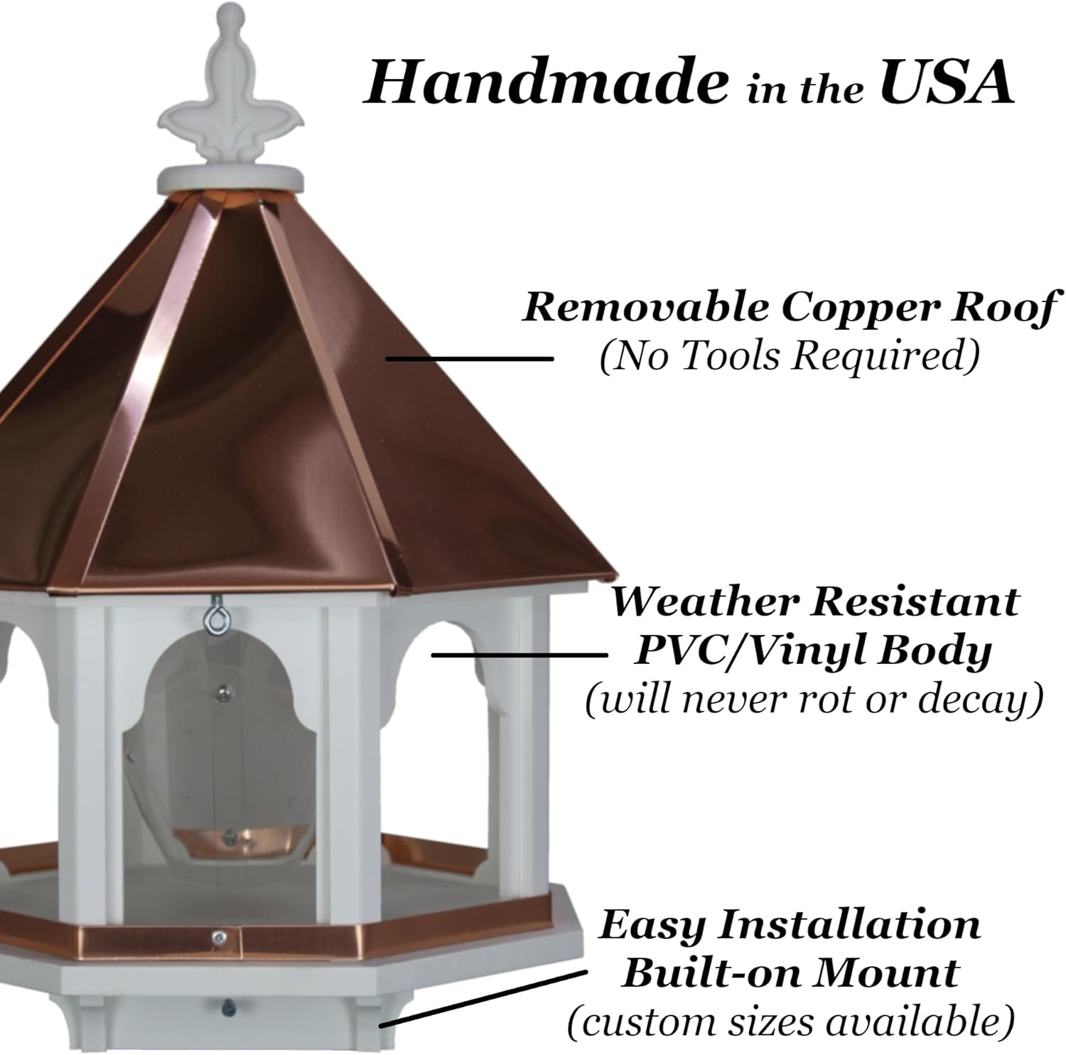 Octagon Wild Bird Feeder Solid Cellular PVC Clear Copper Roof Made in The USA (SBF8C)