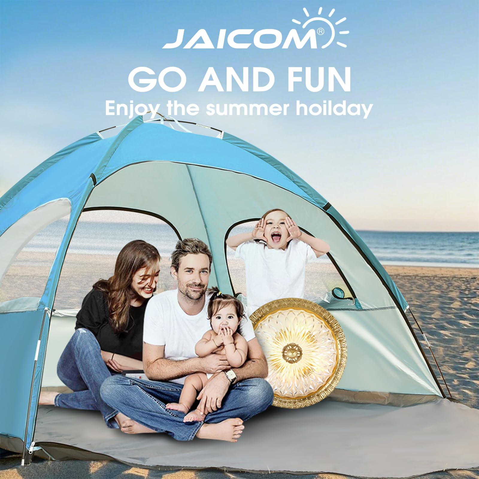 JAICOM Strandmuschel, 2-3 Personen Strandzelt mit UPF 50+ UV Schutz, Leichtes, schnell aufzubauendes sonnenzelt Strand, Mit DREI luftigen Fenstern, für Familie, Strand, Garten, Camping