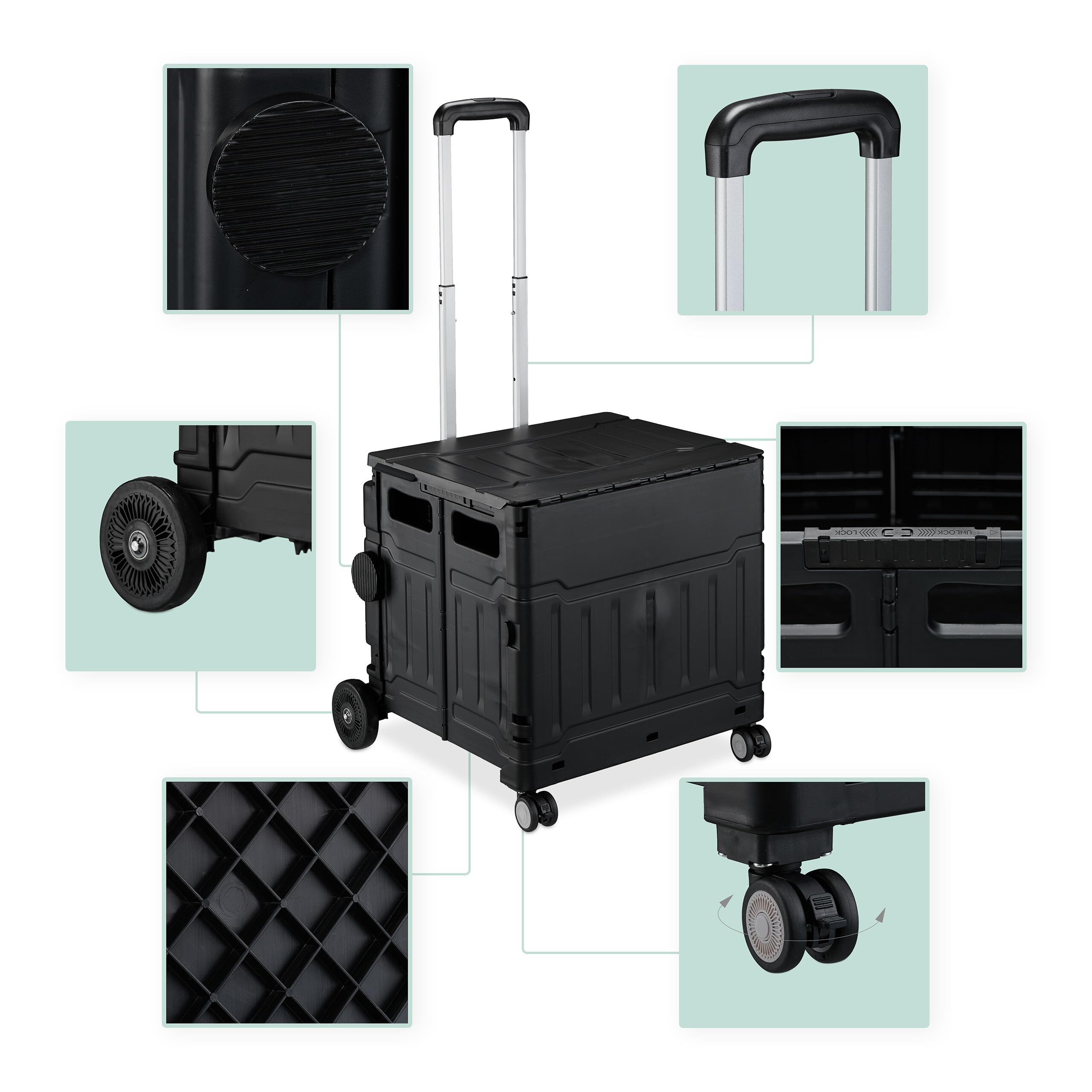 Relaxdays Chariot de Courses Pliable, Caisse à roulettes, avec Couvercle, poignée inclinable, 50 kg, Noir