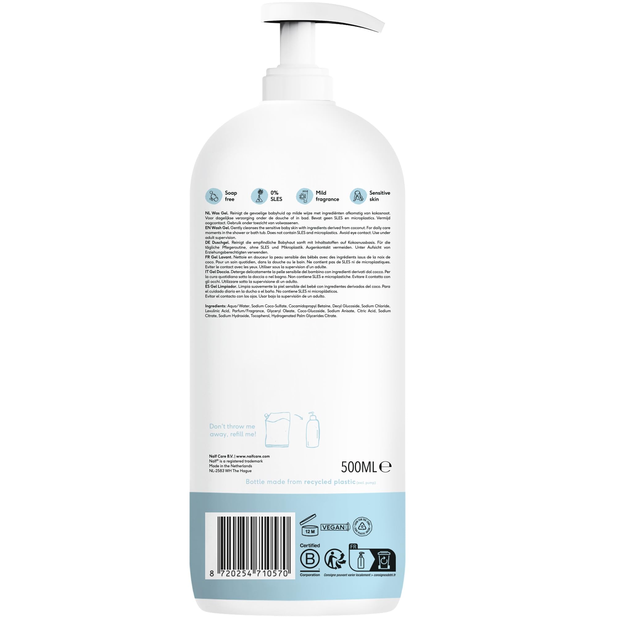 Naïf Oczyszczający żel pod prysznic – 500 ml – dla niemowląt i dzieci – naturalne składniki – 100% wegański