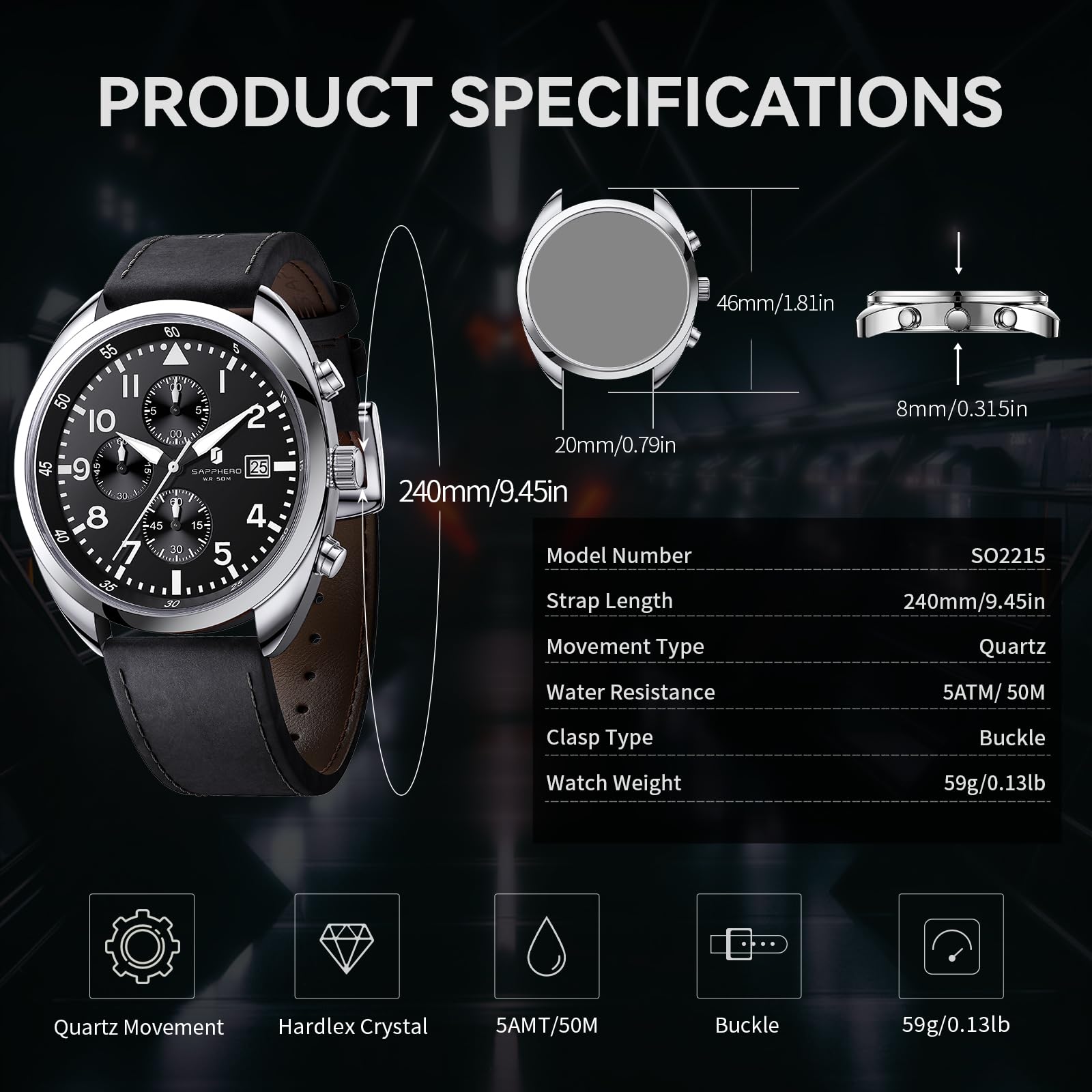 SAPPHERO Reloj para Hombre Reloj de Cuarzo analógico con Correa de Cuero, Reloj clásico de Negocios para Hombre, Esfera con números arábigos, fácil Lectura