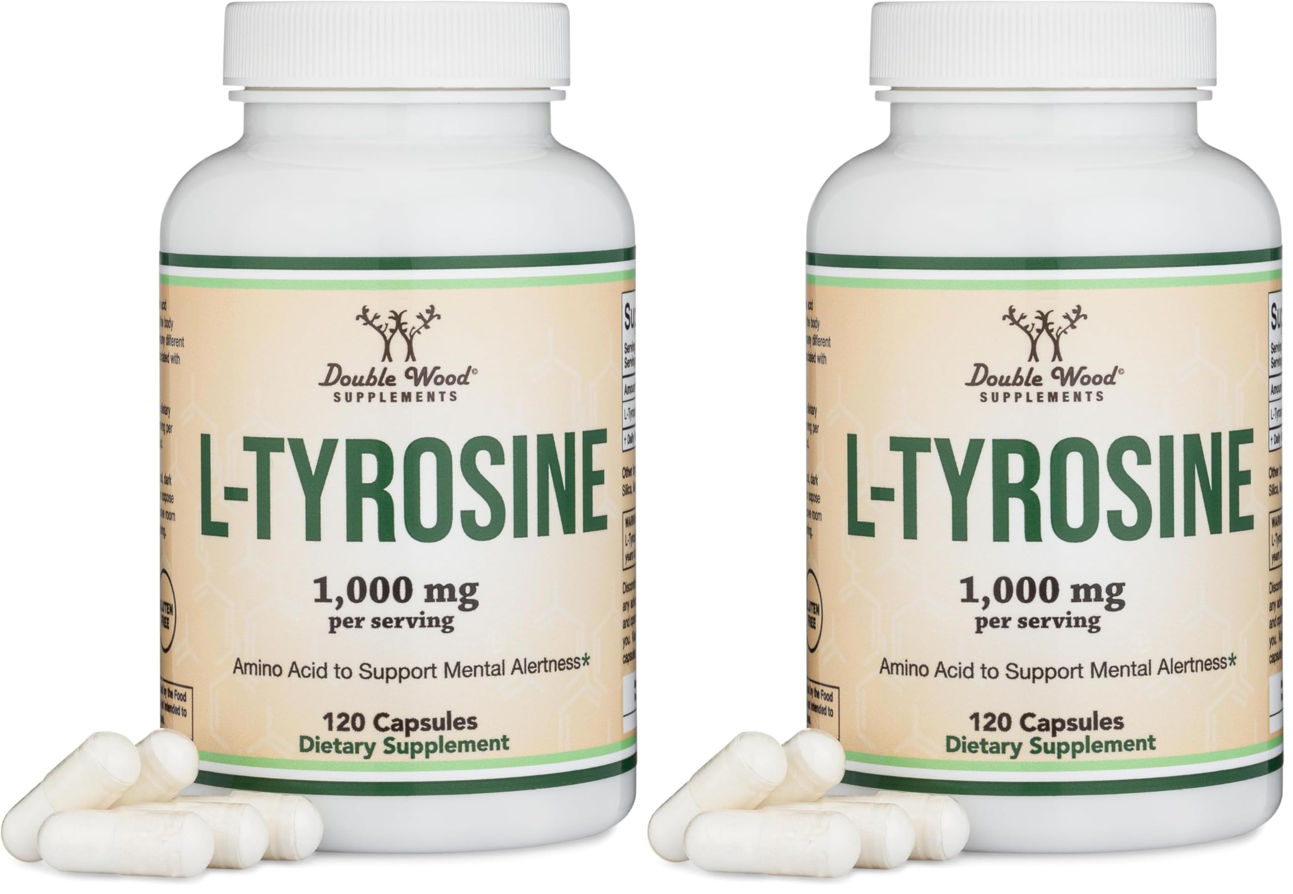 L-Tyrosine 1,000mg per Serving, 120 Veggie Capsules (L Tyrosine Supplement for Memory, Attention, and Focus) Amino Acid, Vegan Safe, Non-GMO by Double Wood (Pack of 2) 120 Count (Pack of 2)