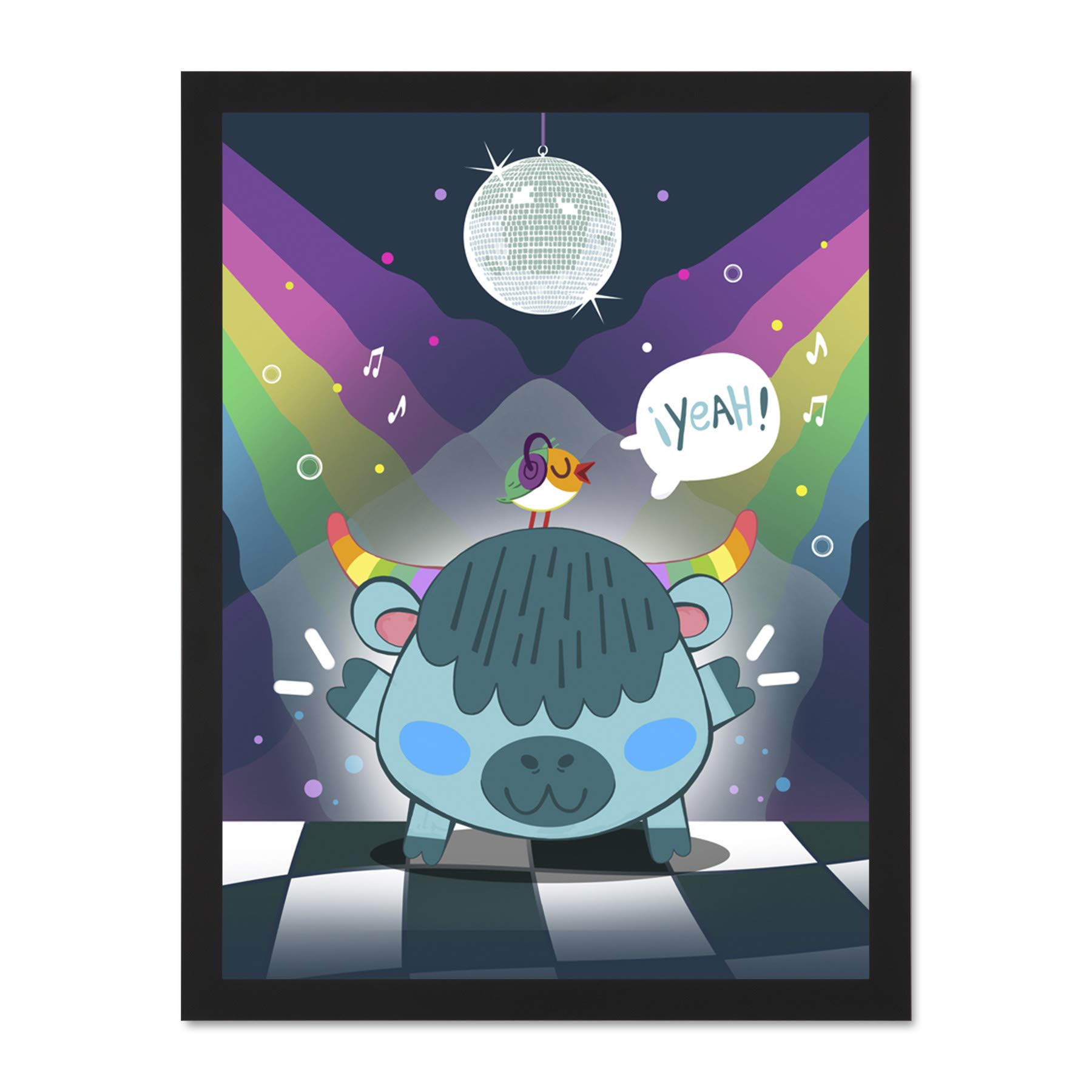 Wee Blue Coo Kawaii Cow Disco Party Large Framed Art Print Wall Poster 18x24 inch