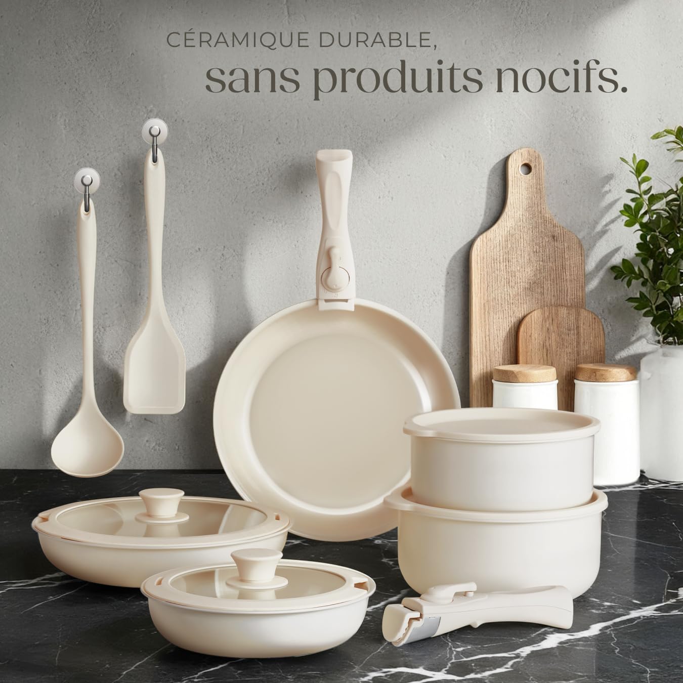 tectake® Batterie de cuisine 16 pcs, 2 Casseroles, 3 Poeles, 4 couvercles, 3 protège Casseroles Spatule Louche Induction gaz Vitrocéramique Poignées amovibles Revêtement antiadhésif en céramique Blanc