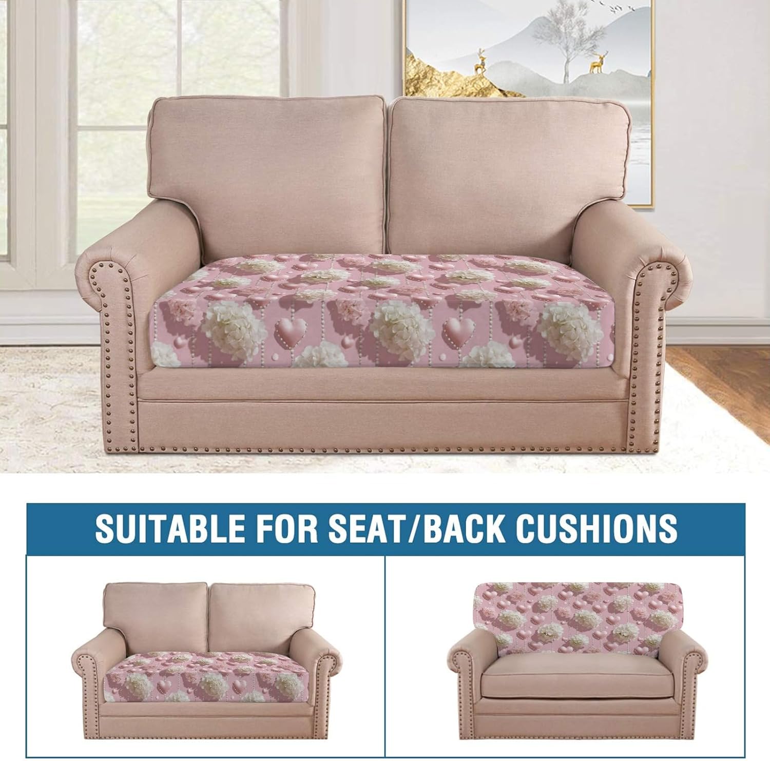 Blossom Pink Bows Loveseat Covers Couch Covers for 2 Cushion Couch, 2-Piece Stretch Sofa Slipcovers Anti-Slip Washable Furniture Protectors for Dogs Pets