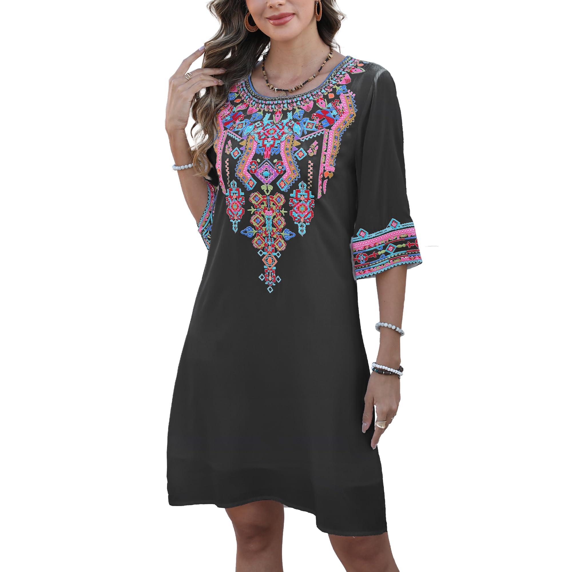 Women's Mexican Embroidered Midi Dress Summer Boho Traditional Floral V Neck Short Sleeve…
