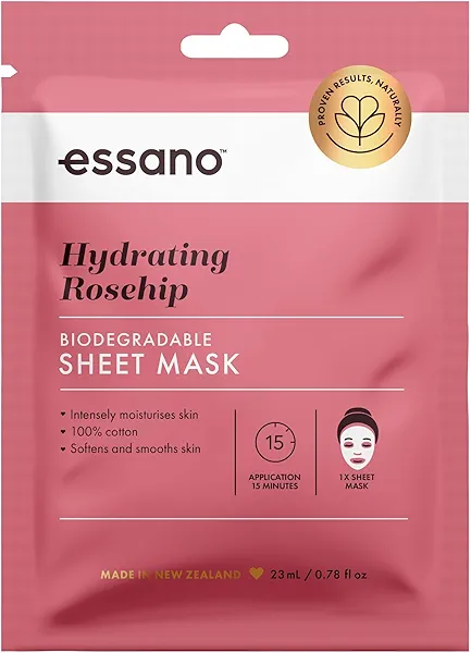 Essano Rosehip Oil Face Mask Skin Care, 100% Cotton Hydrating Sheet Mask with Cold Pressed Rosehip Oil, Overnight or Anytime, For Moisturizing, Rehydrating & Reviving Radiance, Cruelty Free, 1 Pack