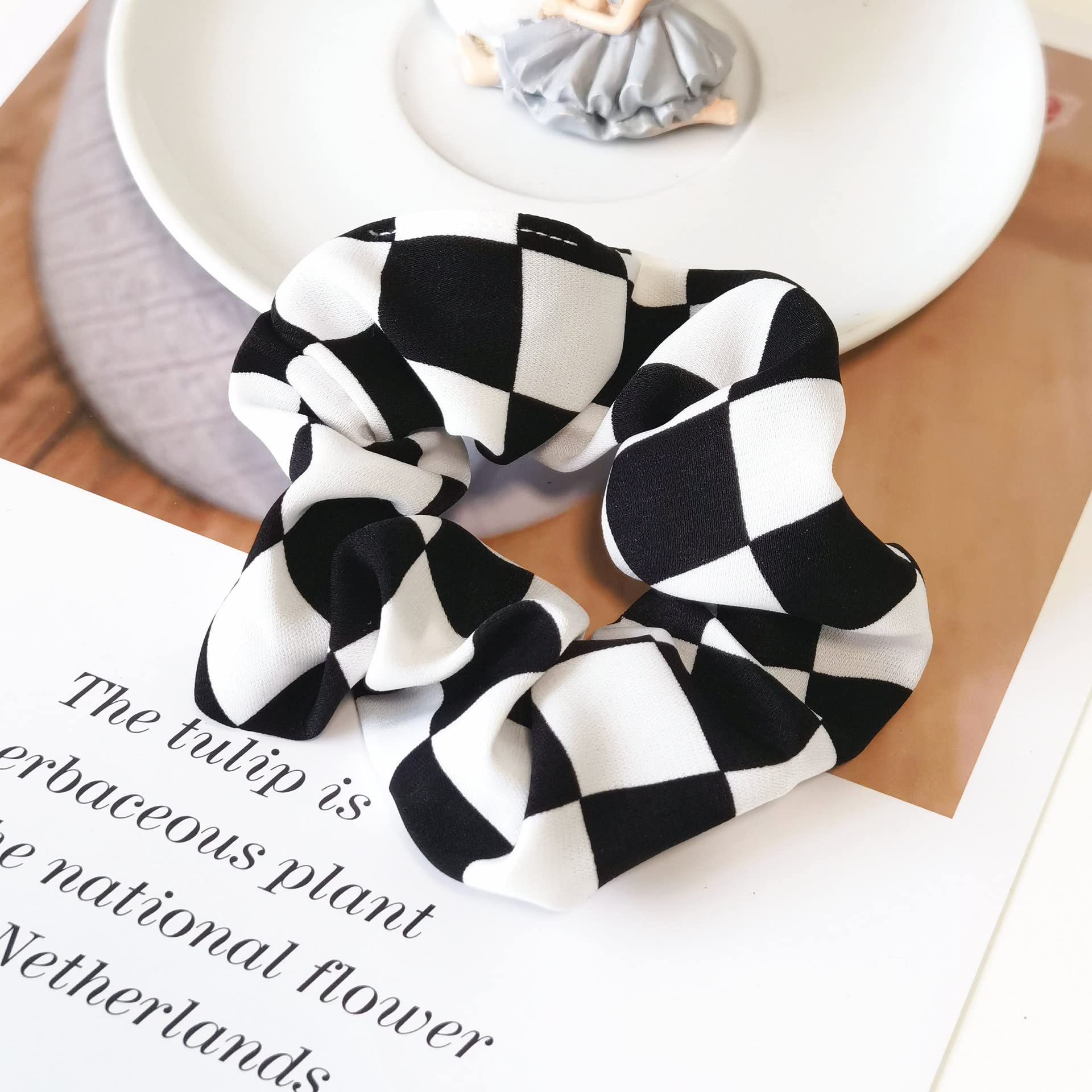 Elegant Black and Tan Plaid Hair Scrunchie Handmade Satin Plaid Scrunchie: Black, Tan & White Hair Tie  main image 3
