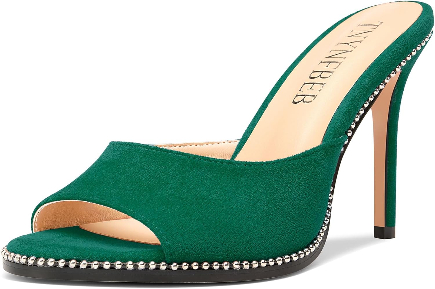 TNYNFBEB Womens Stiletto High Heel Peep Open Toe Sandals Mules Shoes Slingback Slip-on Sliver Beaded Prom Dress 3.9 Inches Heels