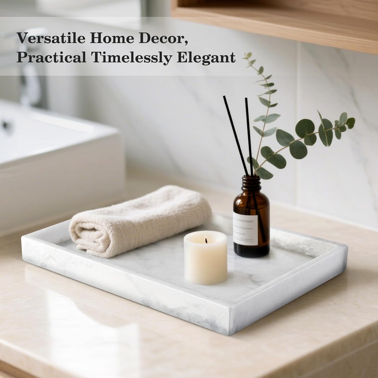 Real Natural Marble Tray, 11.7" x 7.8" Decorative Vanity Tray for Bathroom Countertop, Kitchen Counter, or Catchall, White Coffee Table Tray for Jewelry, Perfume, Candles, Office, Home Decor