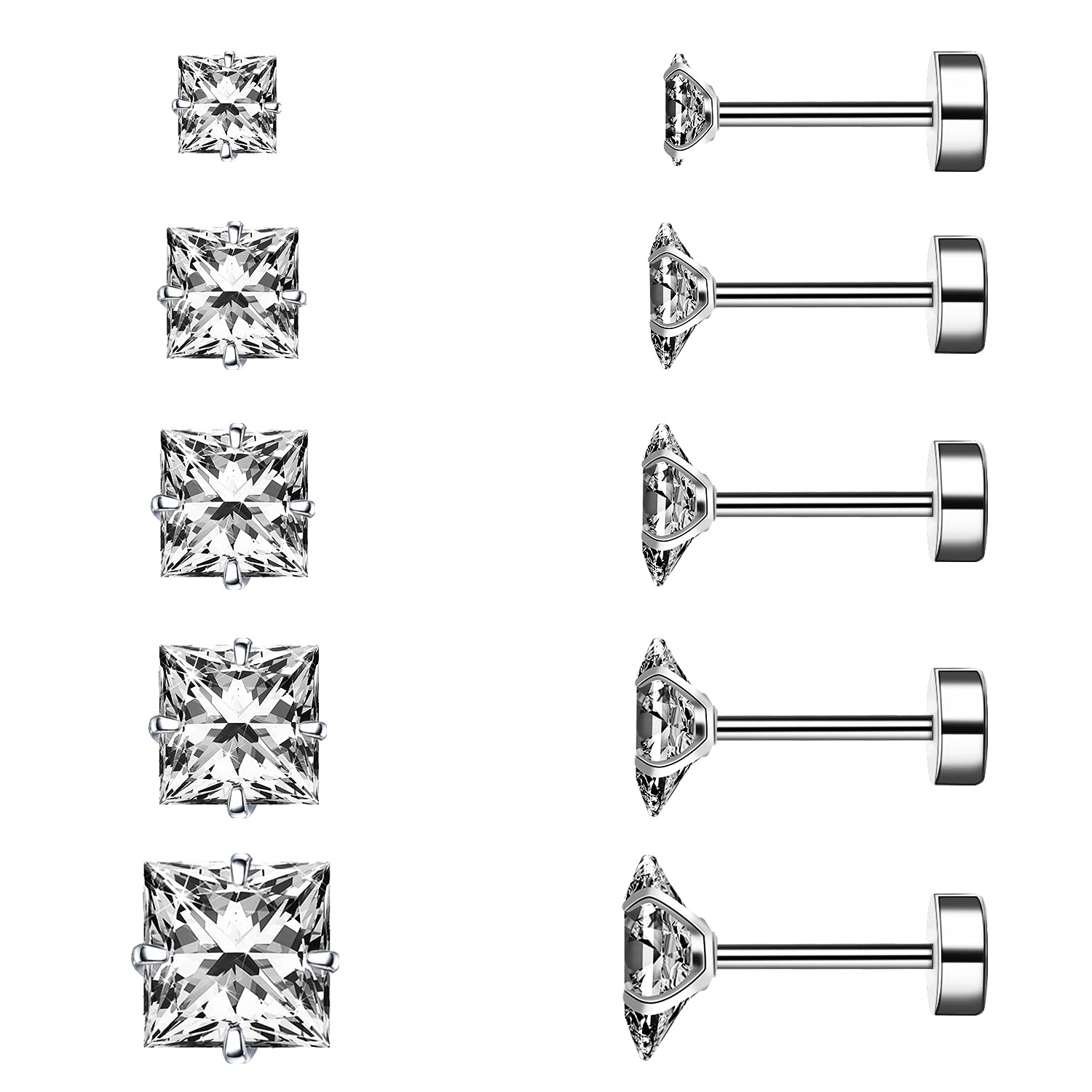 KWUNCCIPrincess Cut Clear Cubic Zirconia Stud Earrings for Women Men Square Earrings Studs Hypoallergenic Surgical Steel Helix Screw Back Earrings 18G 5 Pairs 3-7mm