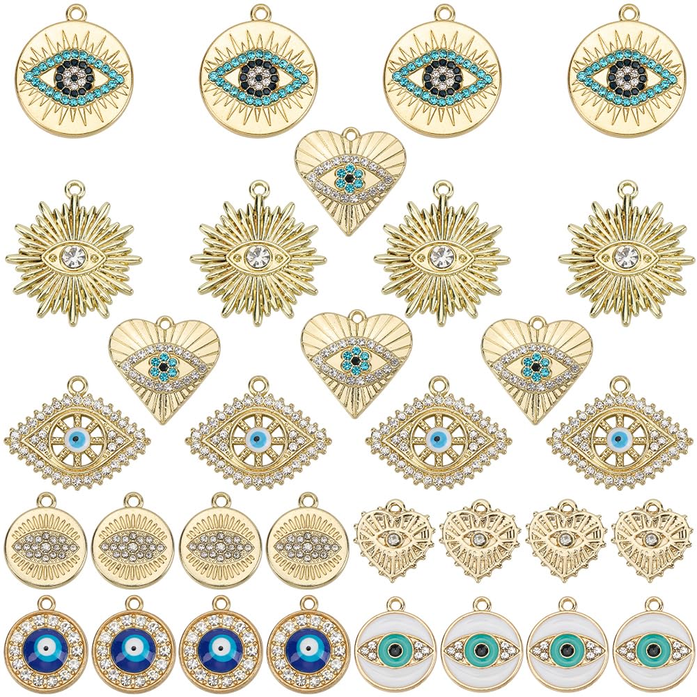 SUNNYCLUE 1 Box 32Pcs 8 Styles Evil Eye Charms Bulk Turkish Eye Charm Alloy Rhinestones Golden Blue Round Heart Eyes Sun Charms for Jewellery Making Charms DIY Crafting Necklaces Bracelets Earrings