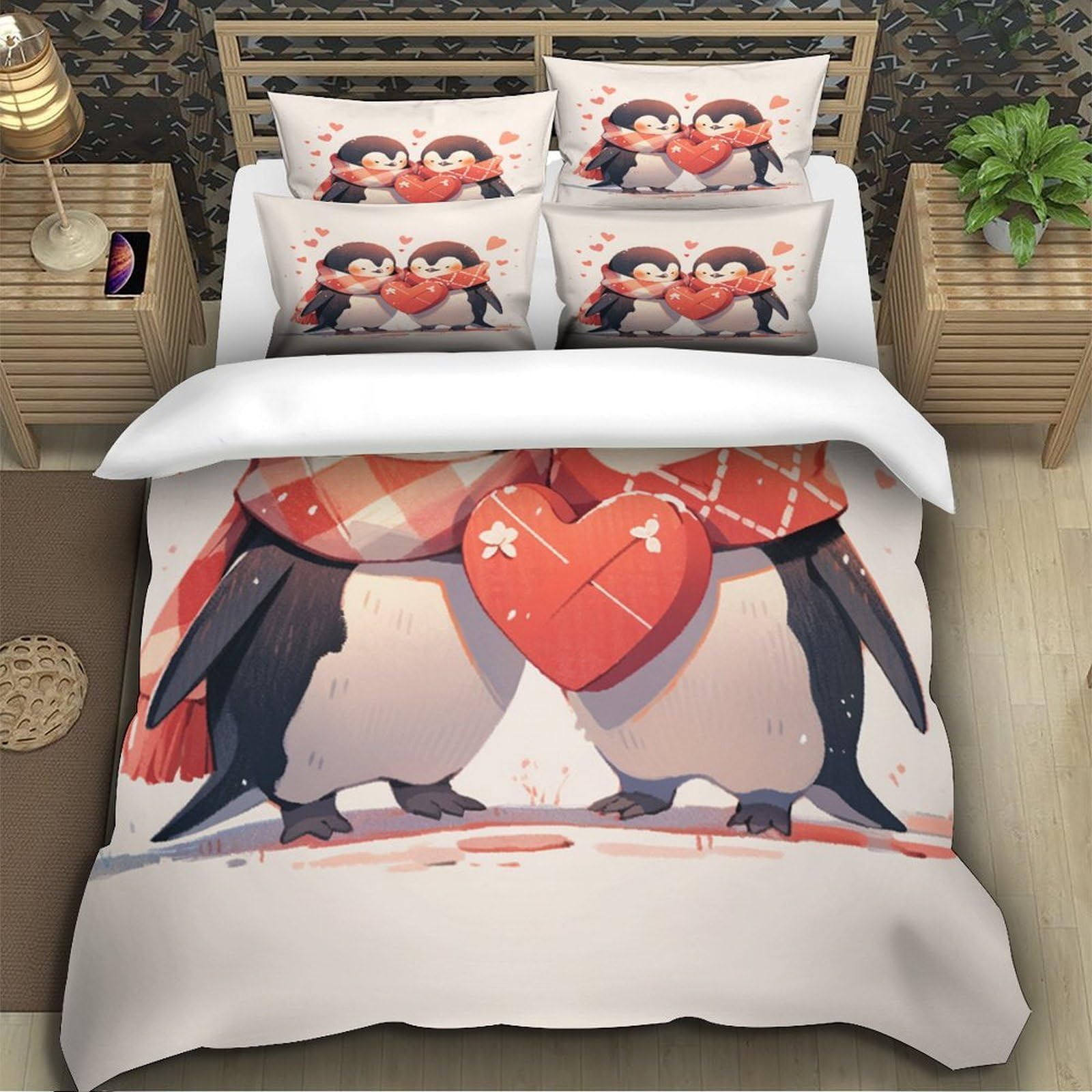 3D Gedruckt Niedliche Pinguin Pärchen Bettbezug Mikrofaser Sanft Schlafzimmerdeko Pinguin Bettwäsche Set für Zuhause Super King（260x220cm）