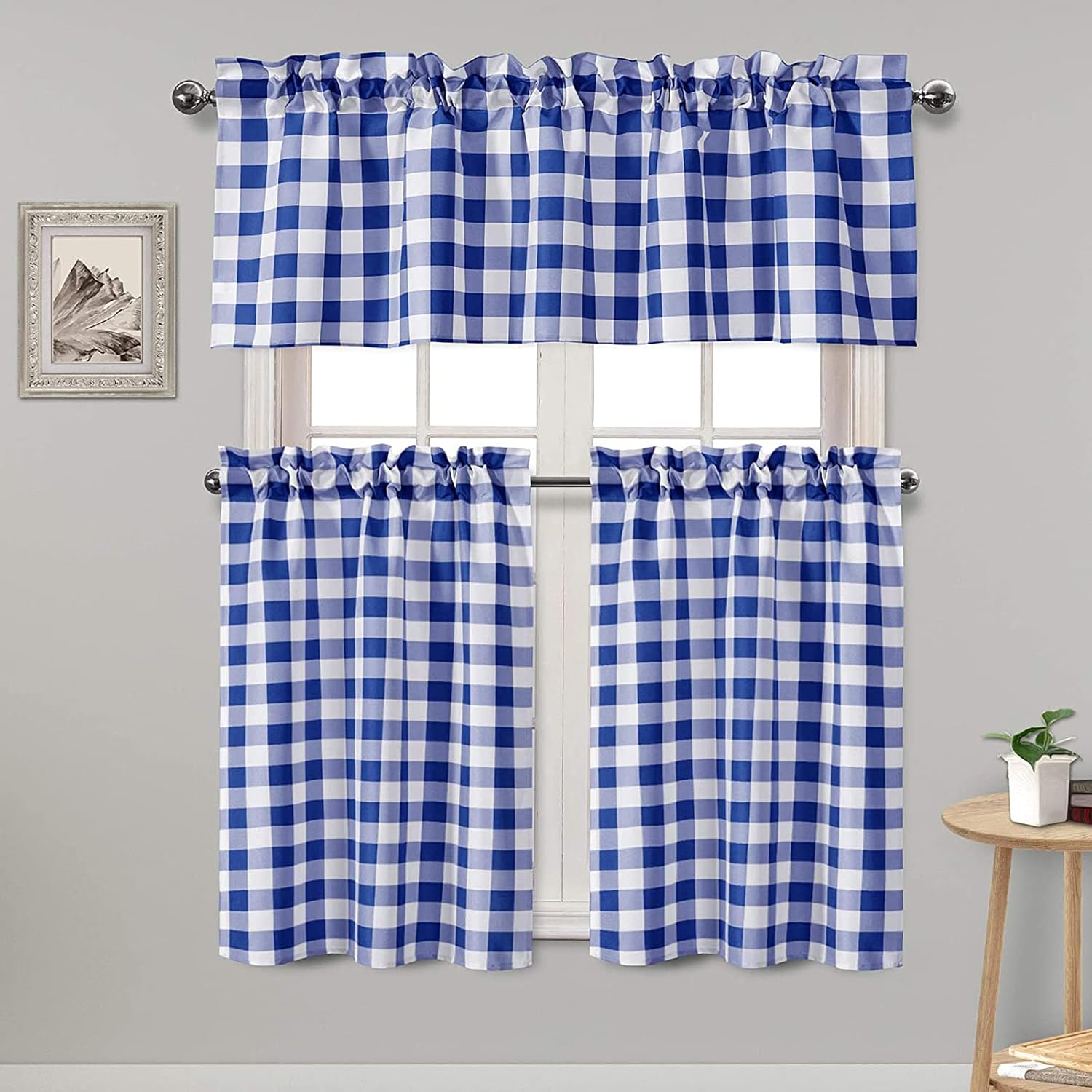 Hiasan Semi Sheer Plaid Tier and Valance Curtains Set Light