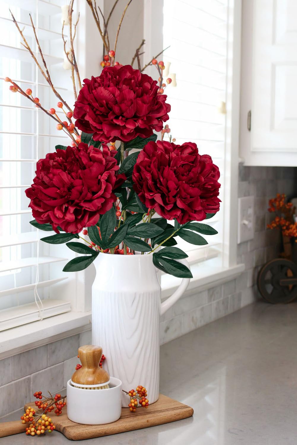 Hollyone 6.3'' Dark Red Peony Artificial Flowers with 29.1'' Long Stem - Image 4