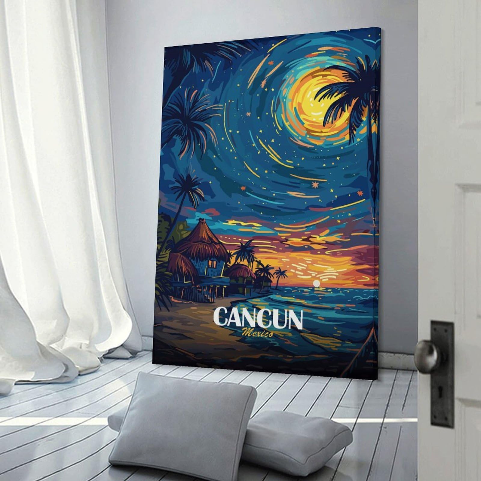 Junmoney Cancun Mexico Tropical Beach Night Canvas Wall Decor, 16x24inch(40x60cm), for Home Lounge, Bedroom Or Reading Nook, Modern Wall Decor for Cosy Interiors