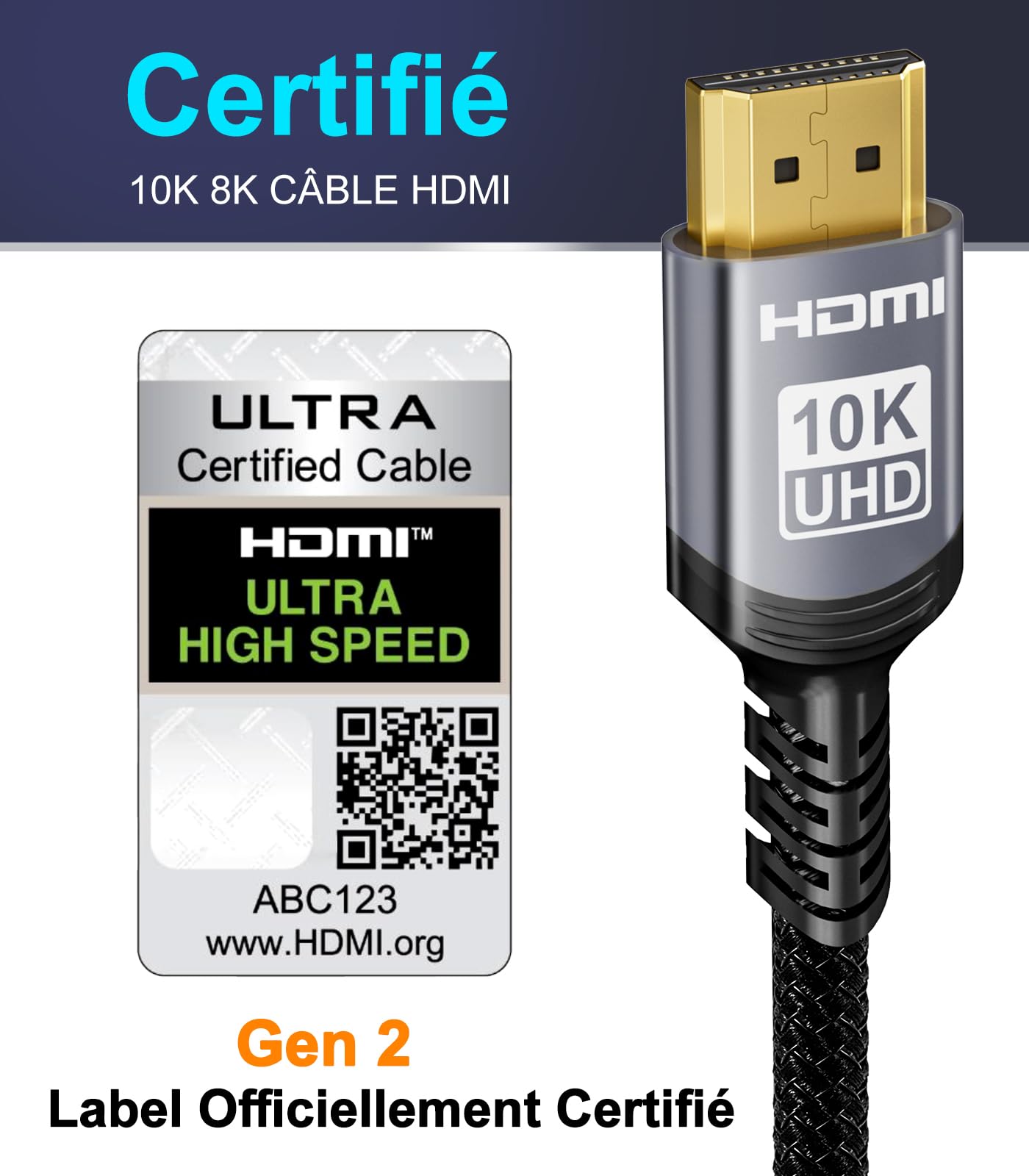 Sniokco 10K 8K 4K Câble HDMI 2.1 48Gbps 1M, Certifié Ultra Haute Vitesse HDMI® Cable 0.01ms 4K 240Hz 165Hz 120Hz 8K 60Hz eARC Netflix HDCP 2.3 2.2 DTS:X HDR10+ TV Moniteur Projecteur Roku