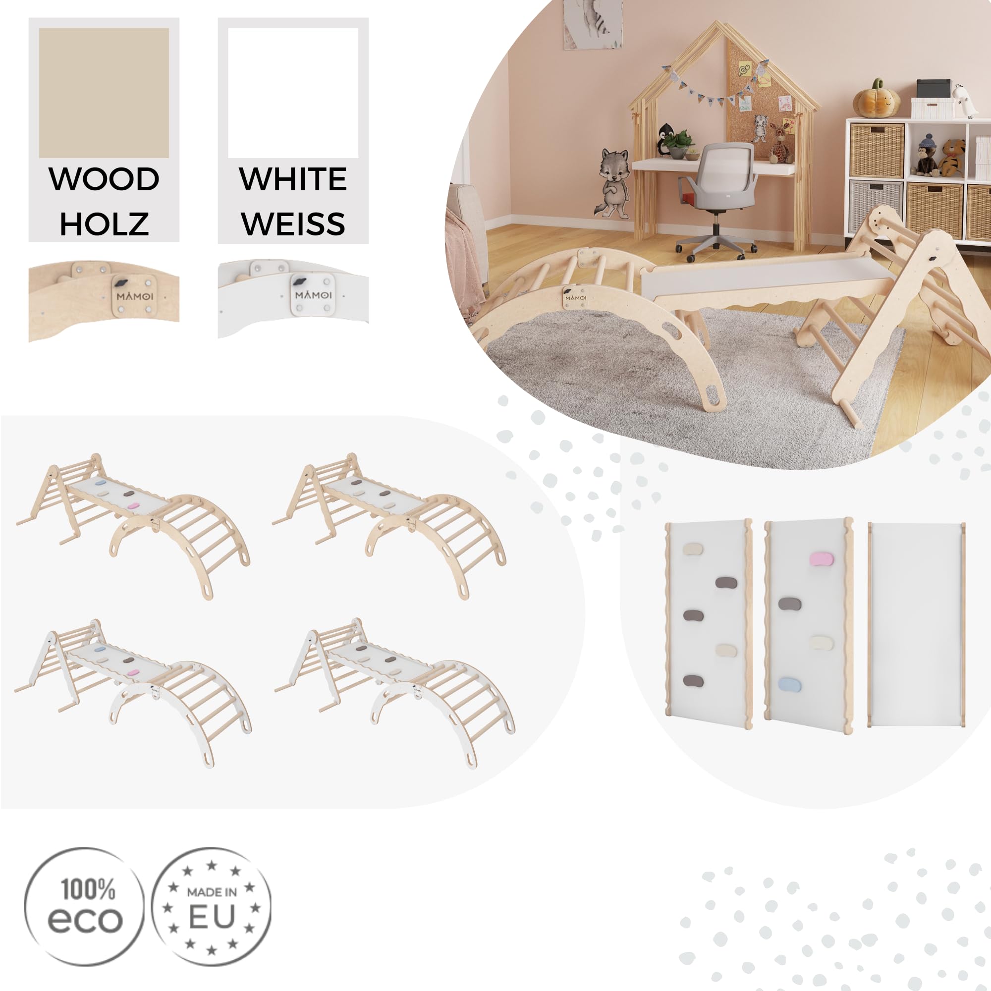 MAMOI® Set Klettergerüst Indoor – Kletterdreieck mit Rutsche aus Holz, Kletterbogen, Rutschbrett, Holzbogen für den Innenbereich
