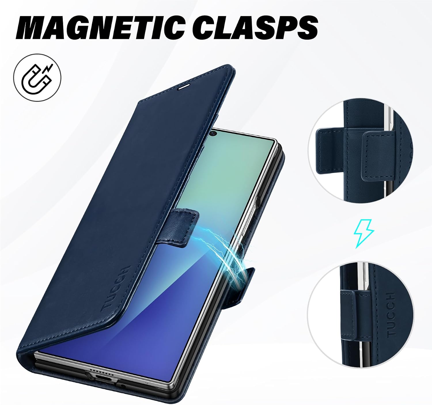 TUCCH Wallet Case Compatible with Galaxy Z Fold7 (8.0") 2025 Dark Blue, RFID Blocking | 4 Card Holder | Kickstand | Shockproof PC Shell | PU Leather | Magnetic Closure | Protective Flip Cover