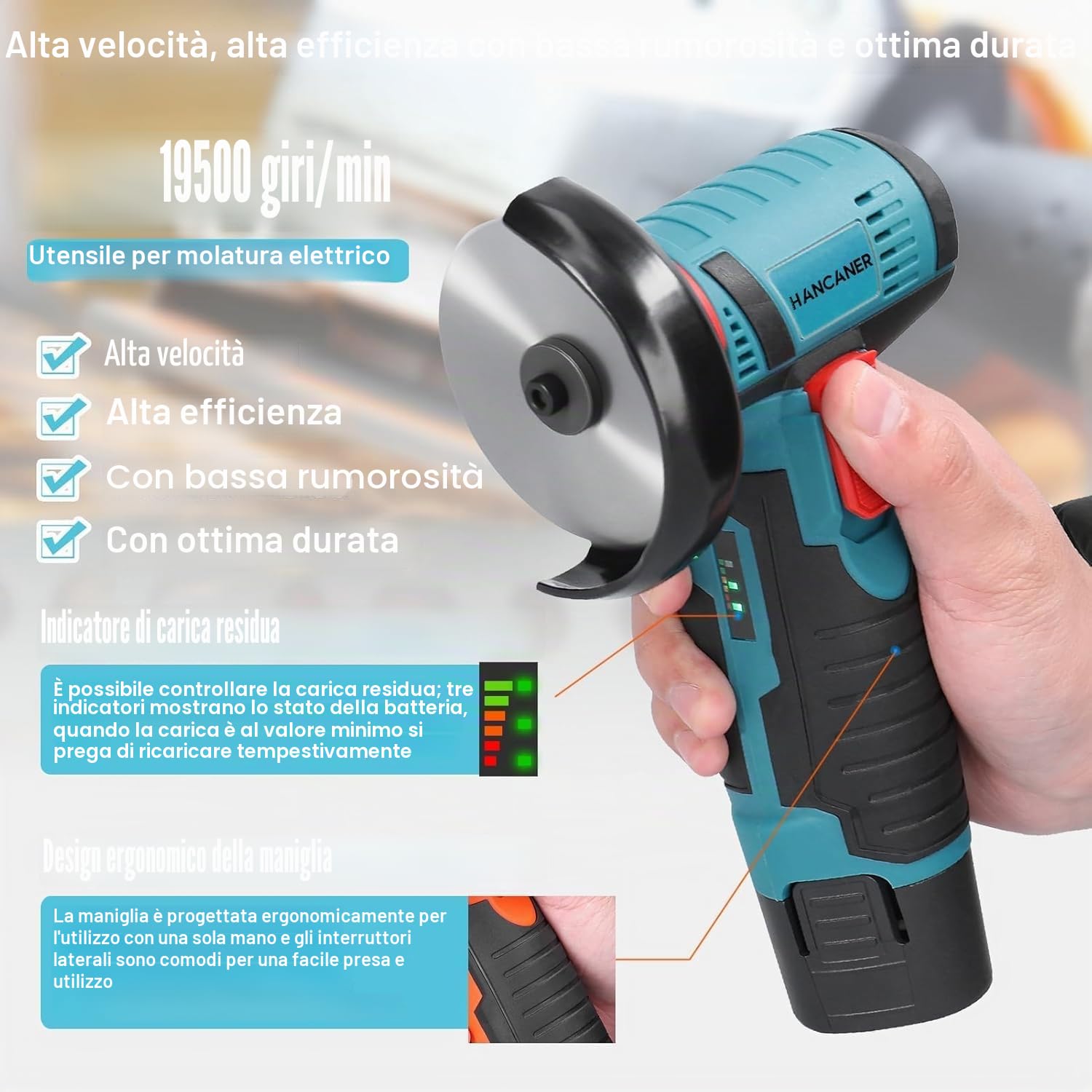 Mini Smerigliatrice Angolare Senza Fili Hancaner 19500RPM 12V Professional Smerigliatrice Senza Fili | 2 Batterie 2.0Ah | 6 Dischi da Taglio 76mm | Smerigliatrice Angolare Senza Fili per Molatura e