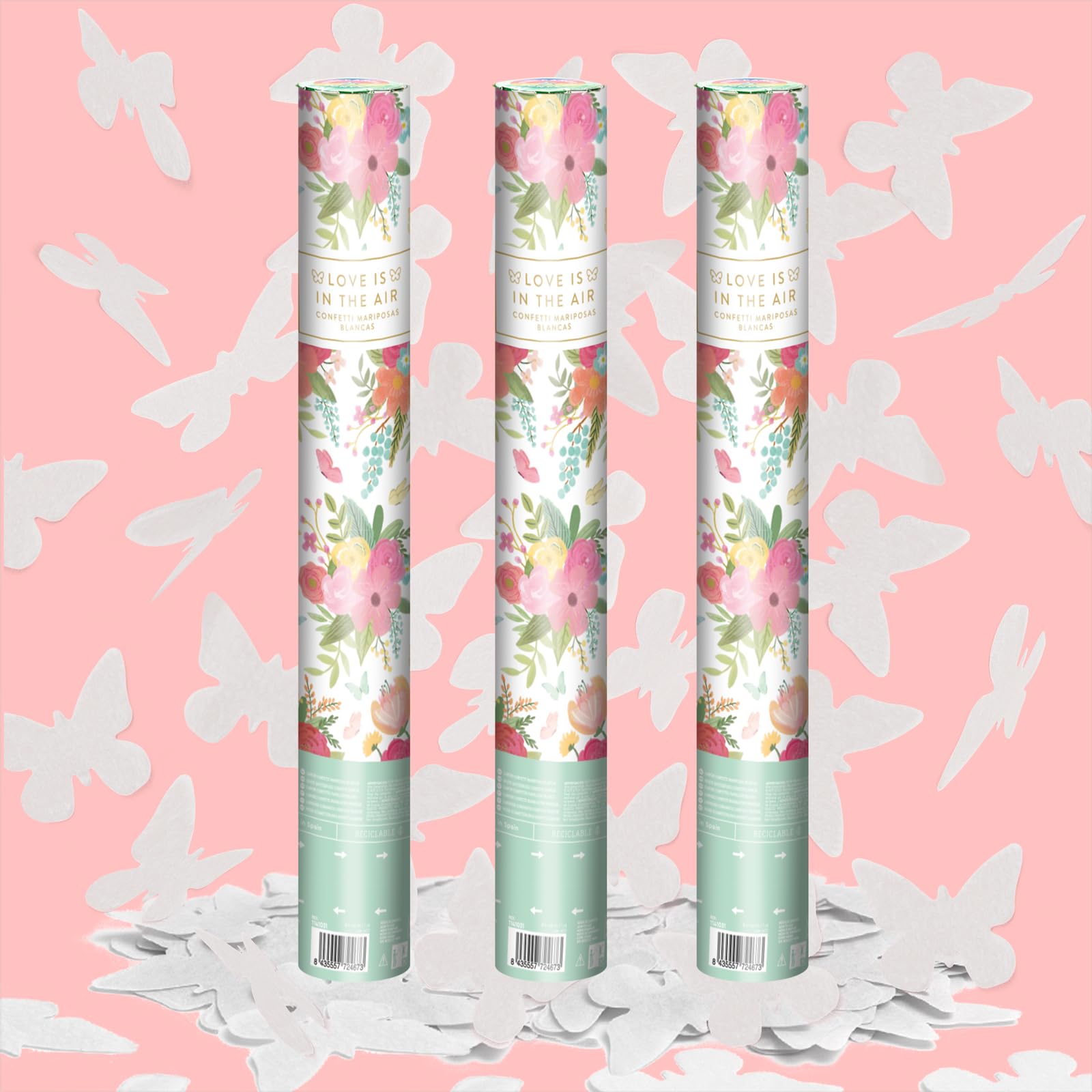 3 Unidades - Cañón Confeti Mariposas Blancas 40 cm - Confeti Mariposas color Blanco - Decoración eventos, fiestas, celebraciones, bodas. Cañón Fiesta 40 cm.
