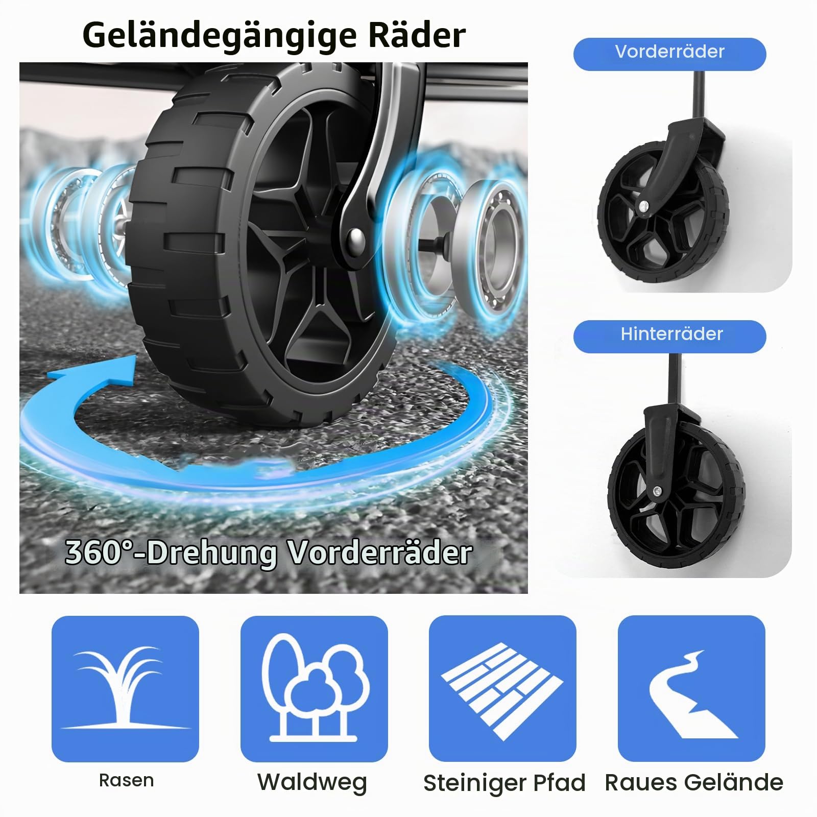 Bollerwagen Faltbar 120L 100KG Faltbarer Bollerwagen Strand Klappbarer Handwagen mit Reflektorstreifen und Verstellbarem Griff für Garten Sport Einkauf Camping Schwarz