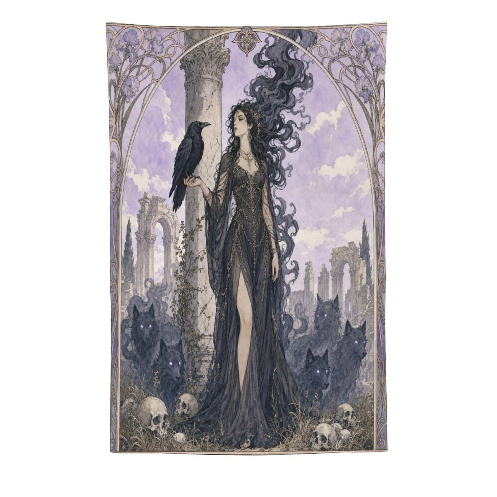 W7C8U2X3 Raven Witch in Graveyard Wall Tapestry, Gothic Oil, College Dorm